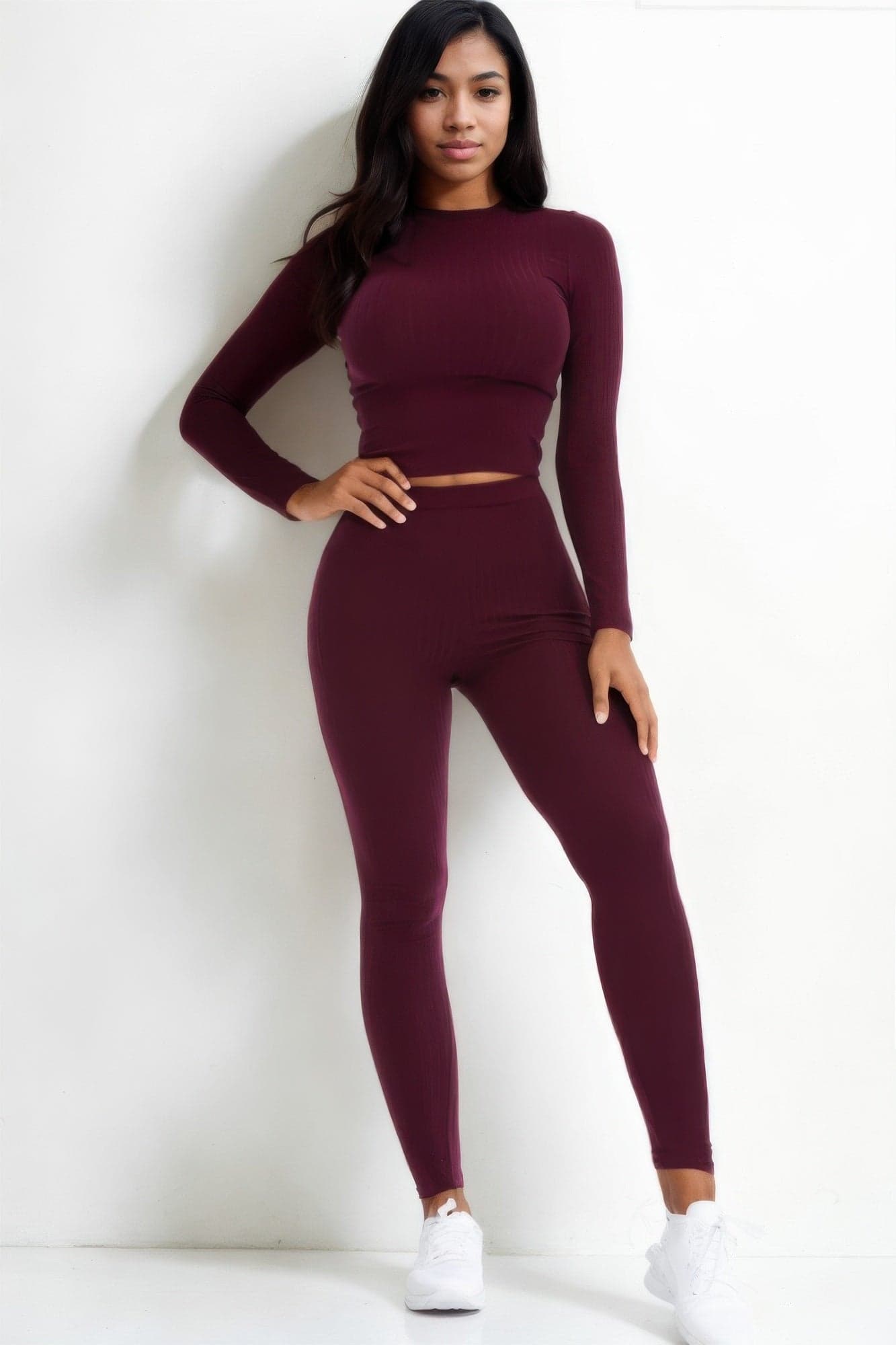 Ribbed Mock Neck Long Sleeve Top & Leggings Set - Navy / M - Thumbnail 9