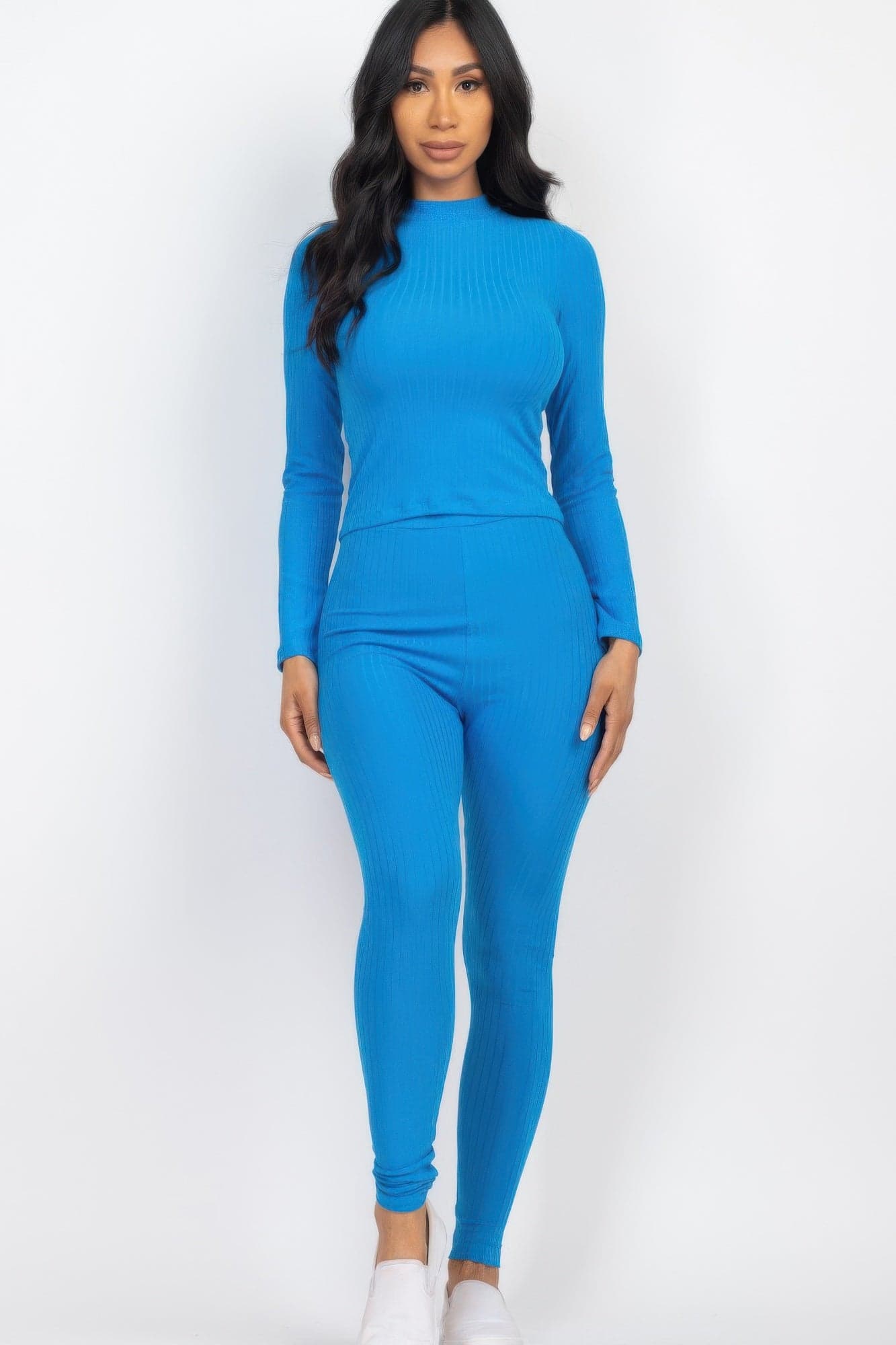 Ribbed Mock Neck Long Sleeve Top & Leggings Set - Khaki / L - Thumbnail 16