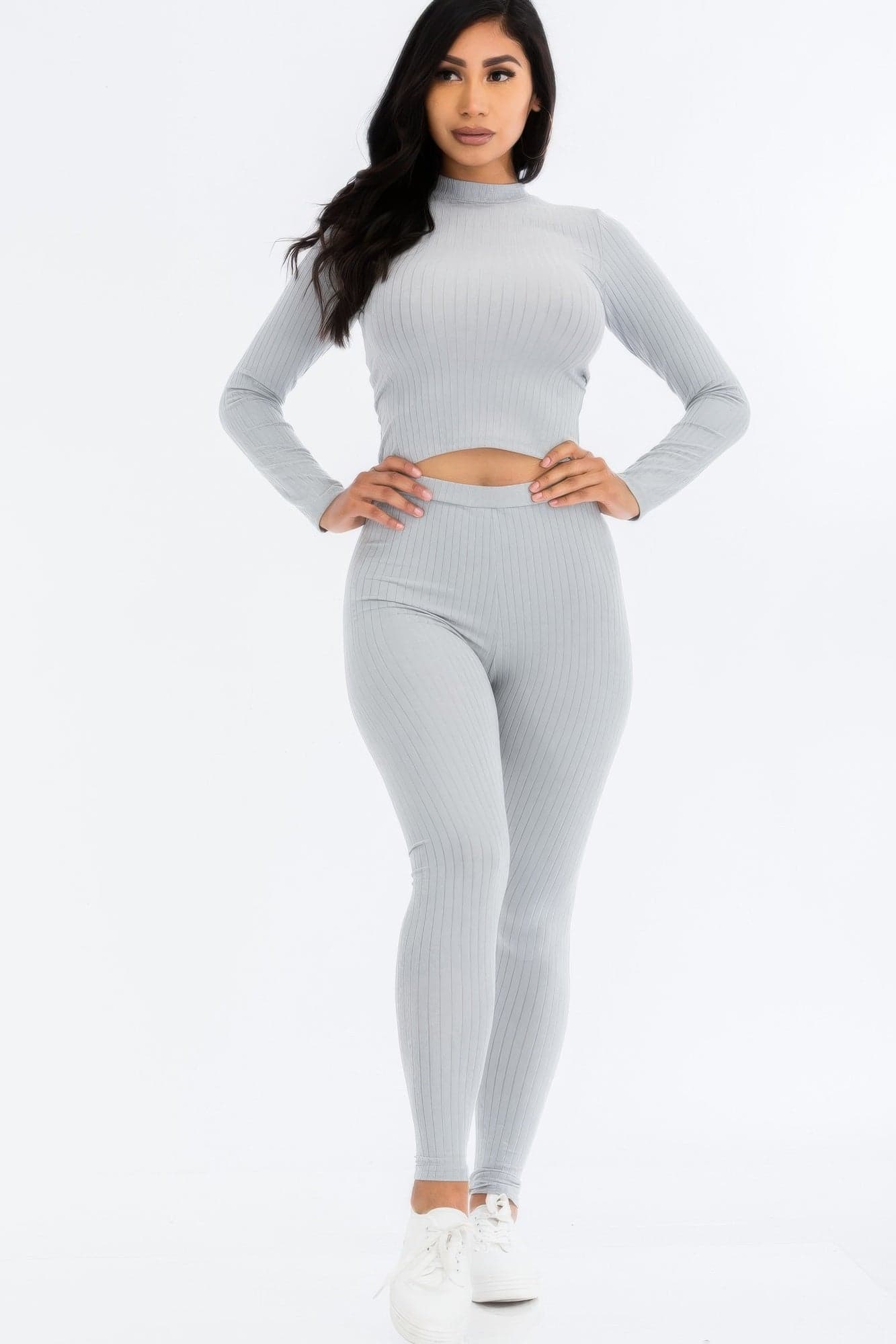 Ribbed Mock Neck Long Sleeve Top & Leggings Set - White / L - Thumbnail 10