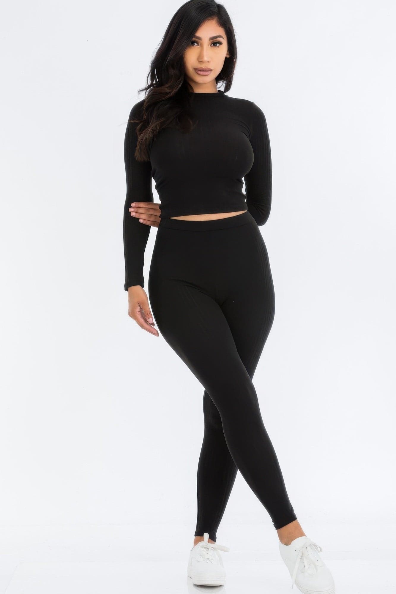 Ribbed Mock Neck Long Sleeve Top & Leggings Set - Ibiza blue / M - Thumbnail 11