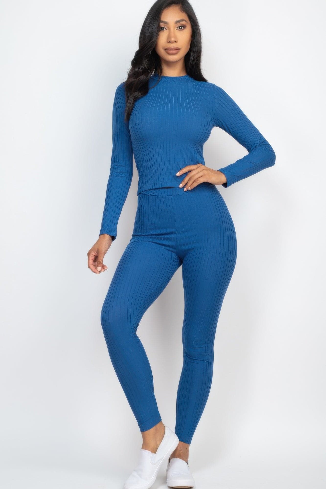 Ribbed Mock Neck Long Sleeve Top & Leggings Set - Khaki / M - Thumbnail 8