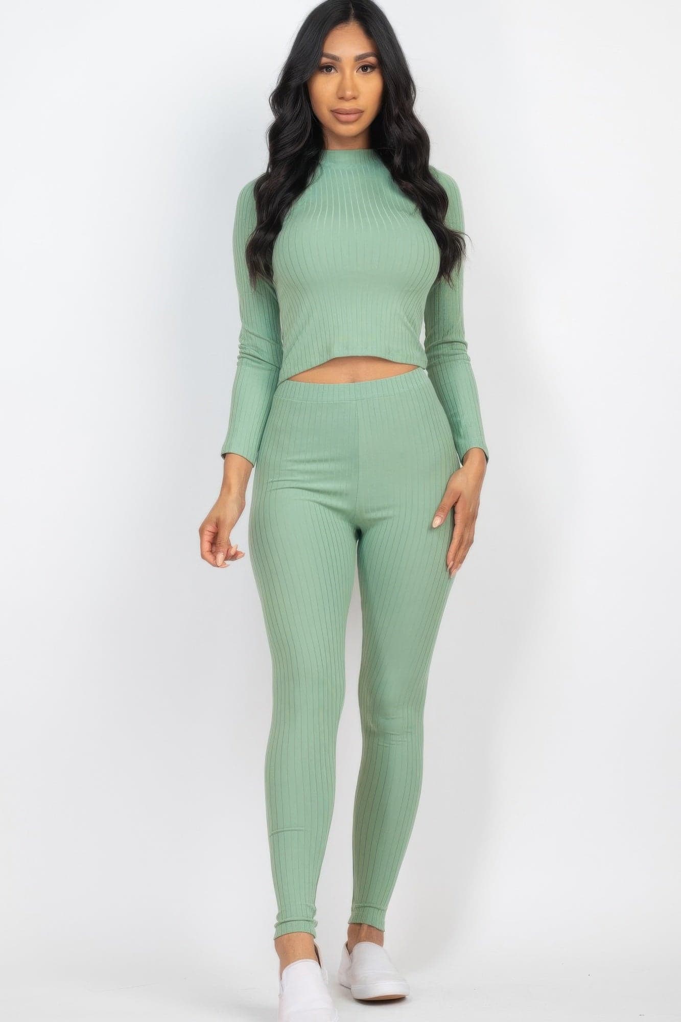 Ribbed Mock Neck Long Sleeve Top & Leggings Set - White / S - Thumbnail 3