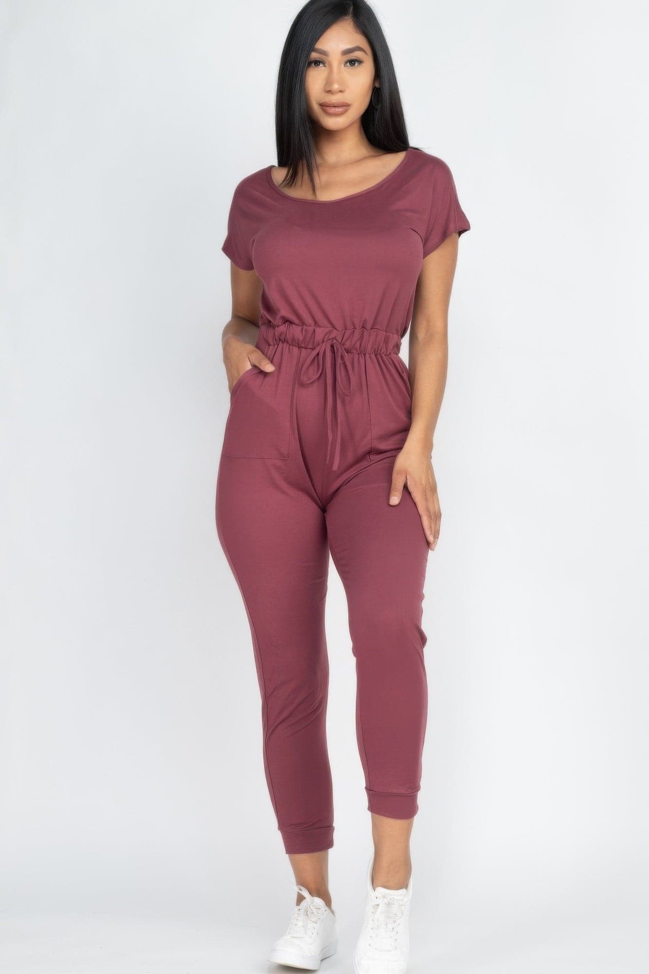 Two-way Shoulder Drawstring Jumpsuit - Charcoal / S - Thumbnail 7