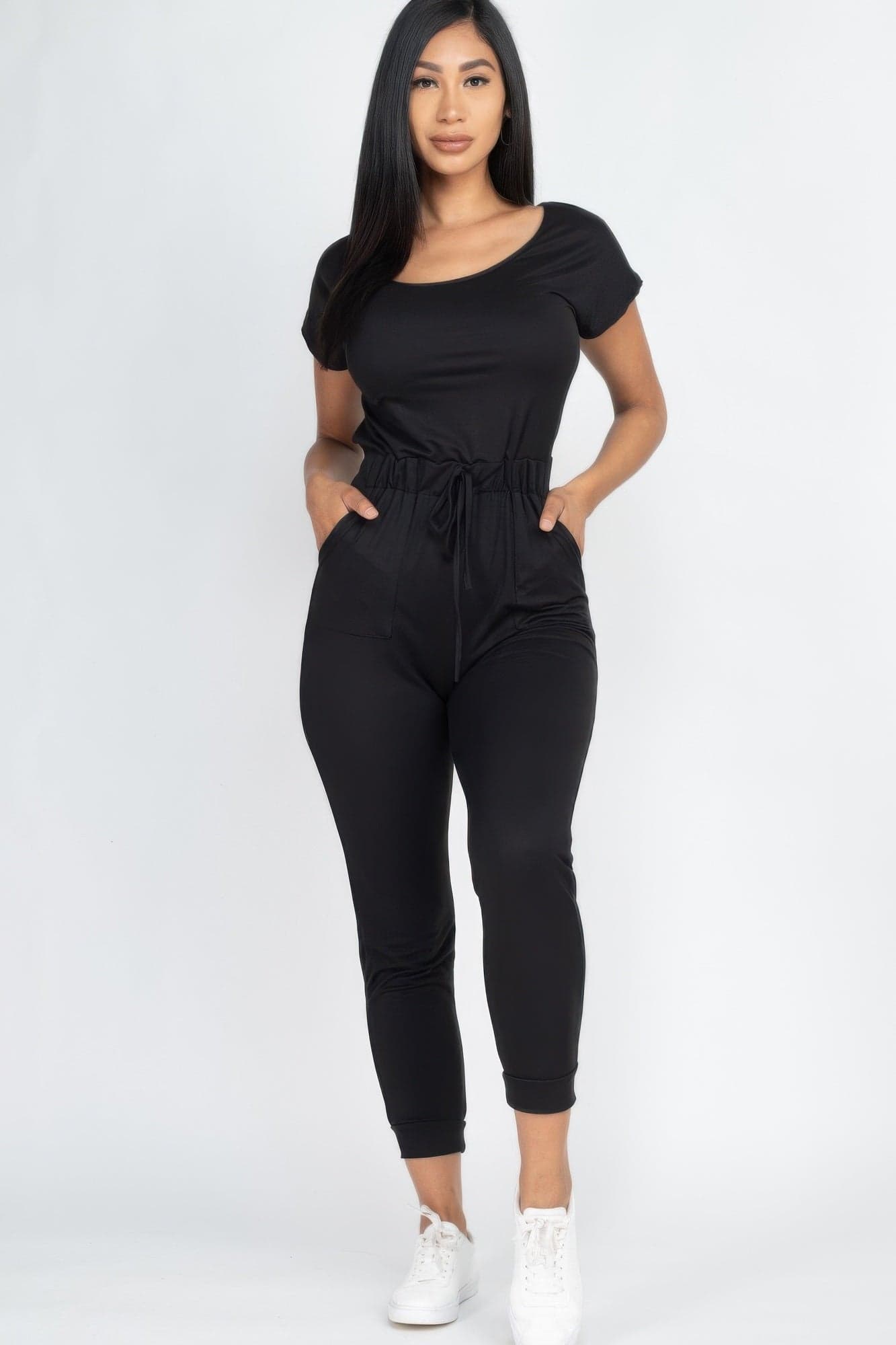 Two-way Shoulder Drawstring Jumpsuit - Charcoal / M - Thumbnail 11