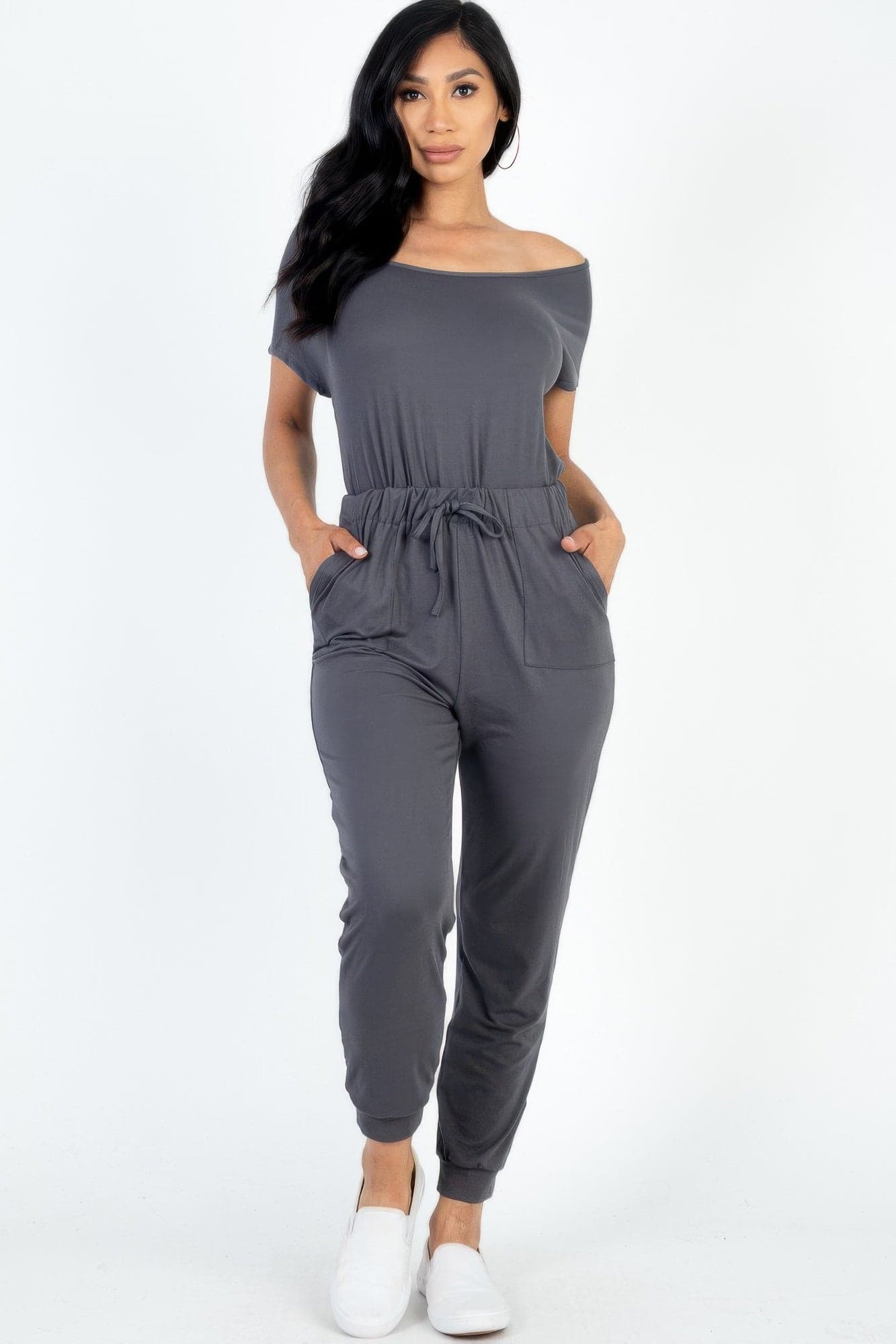 Two-way Shoulder Drawstring Jumpsuit - Charcoal / L - Thumbnail 12