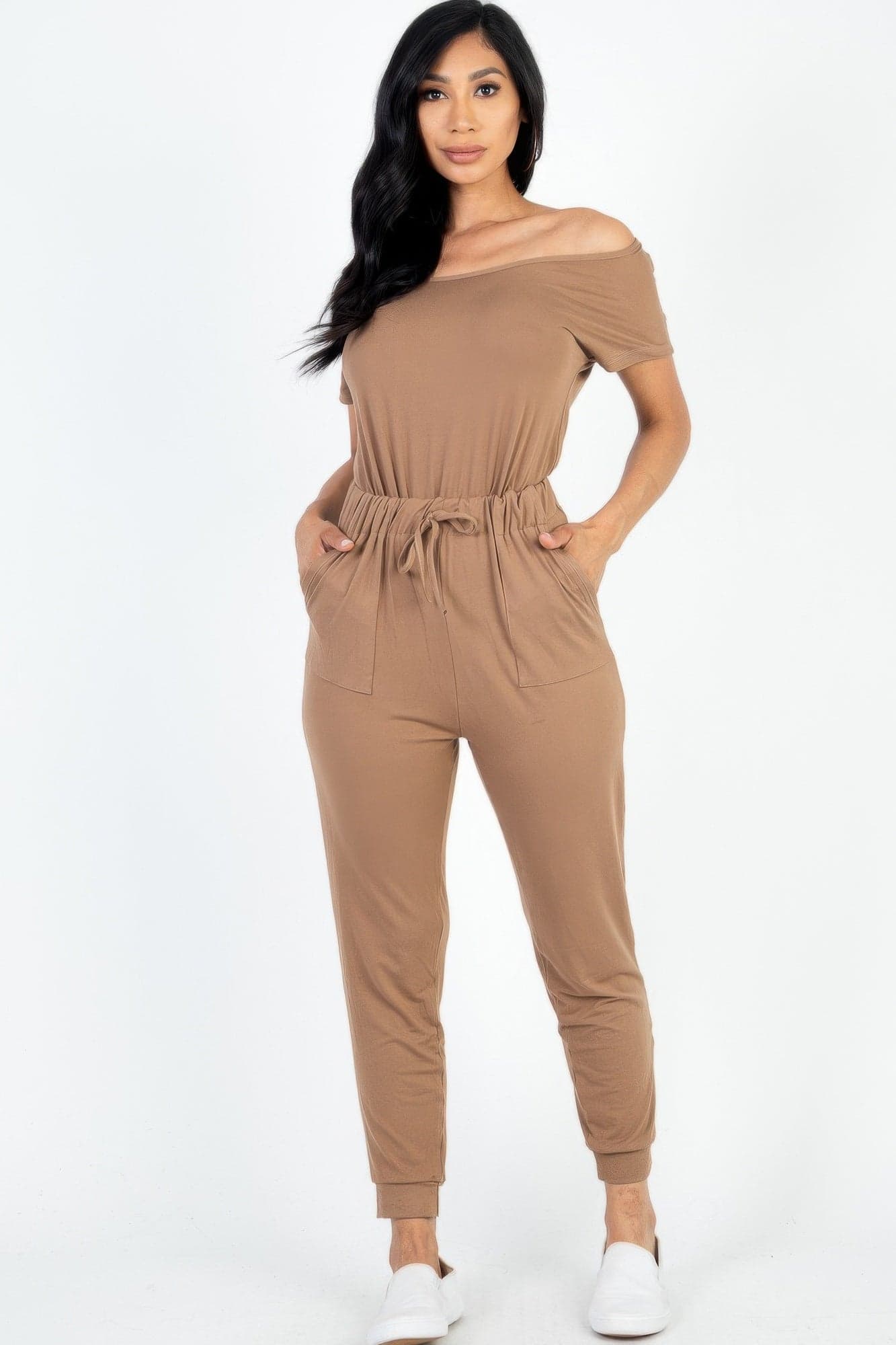 Two-way Shoulder Drawstring Jumpsuit - Charcoal / M - Thumbnail 10