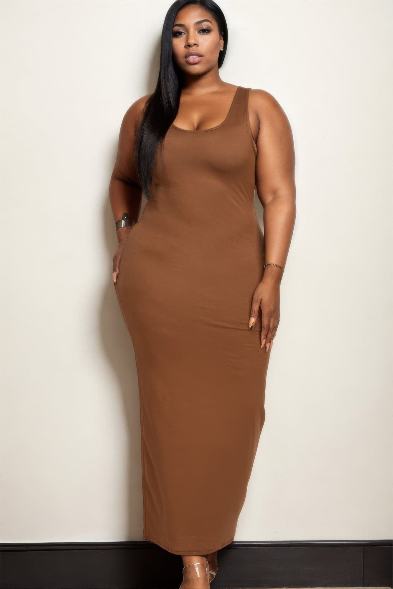 Plus Size Solid Basic Maxi Dress - Downtown brown / 3XL - Thumbnail 11