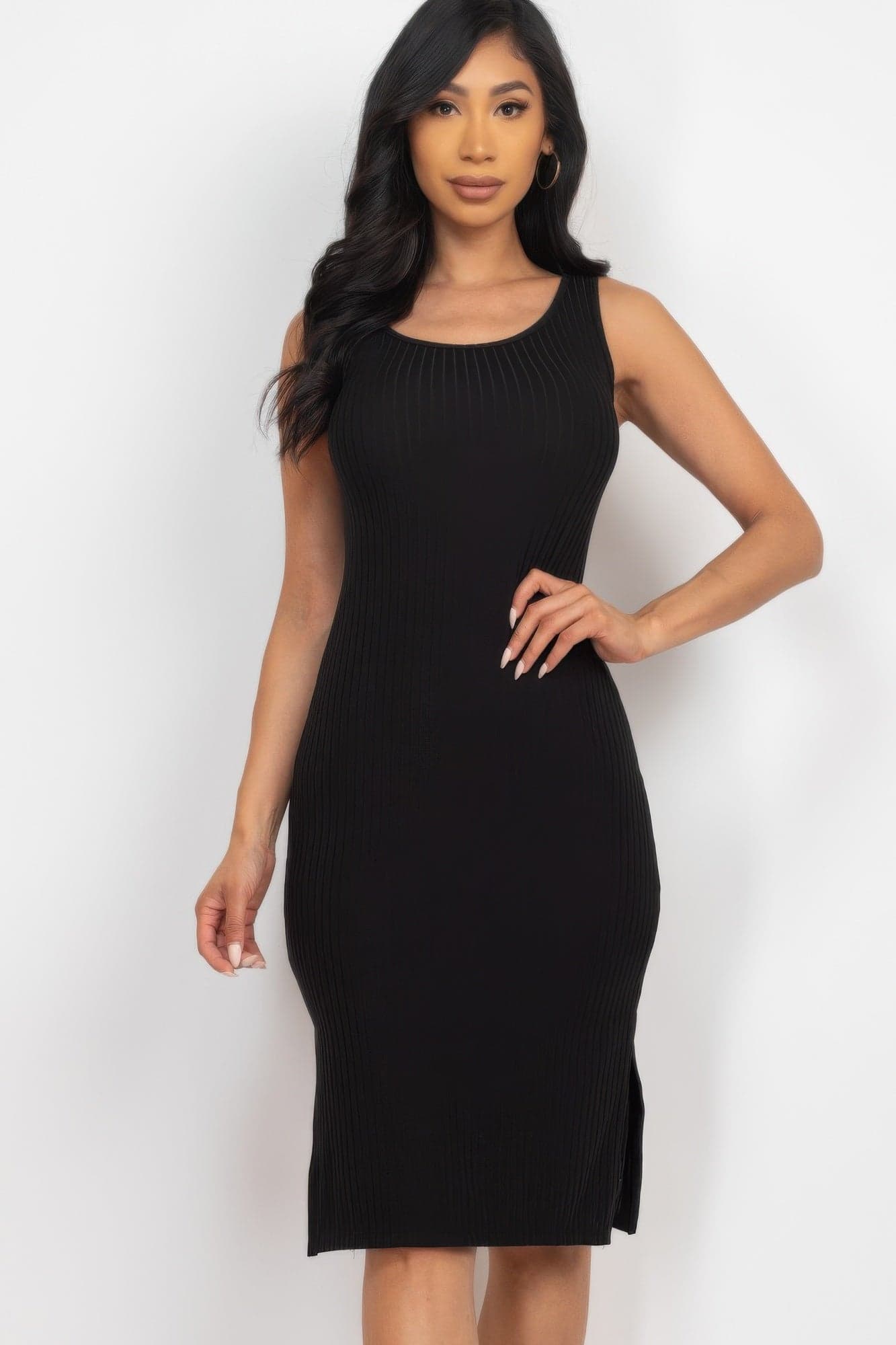 Ribbed Side Slit Tank Midi Dress - White / S