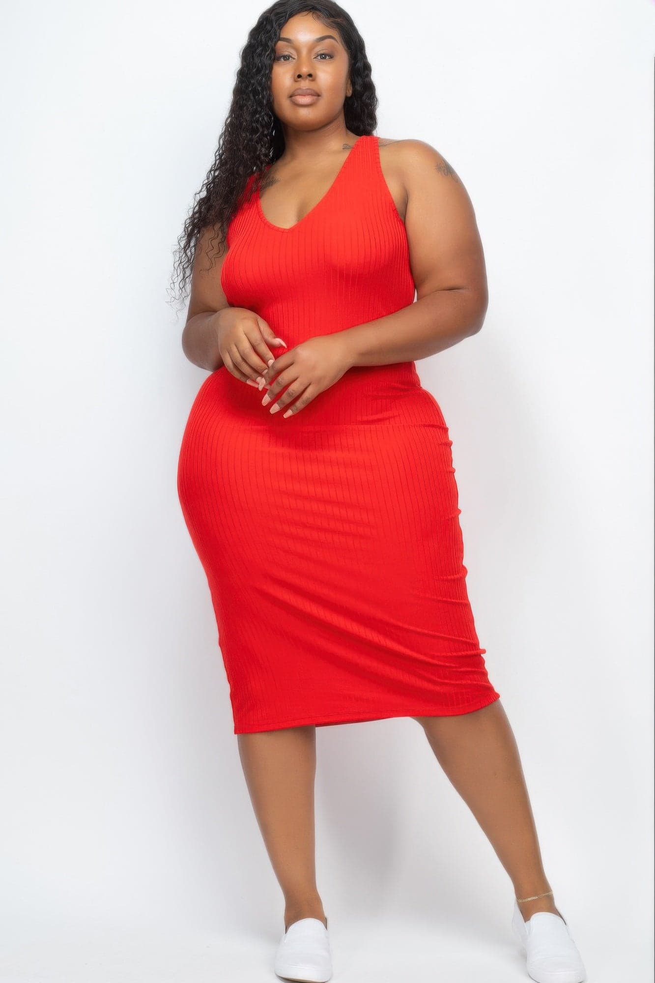 Plus Size Ribbed Sleeveless Bodycon Midi Dress - Burgundy / 3XL - Thumbnail 10