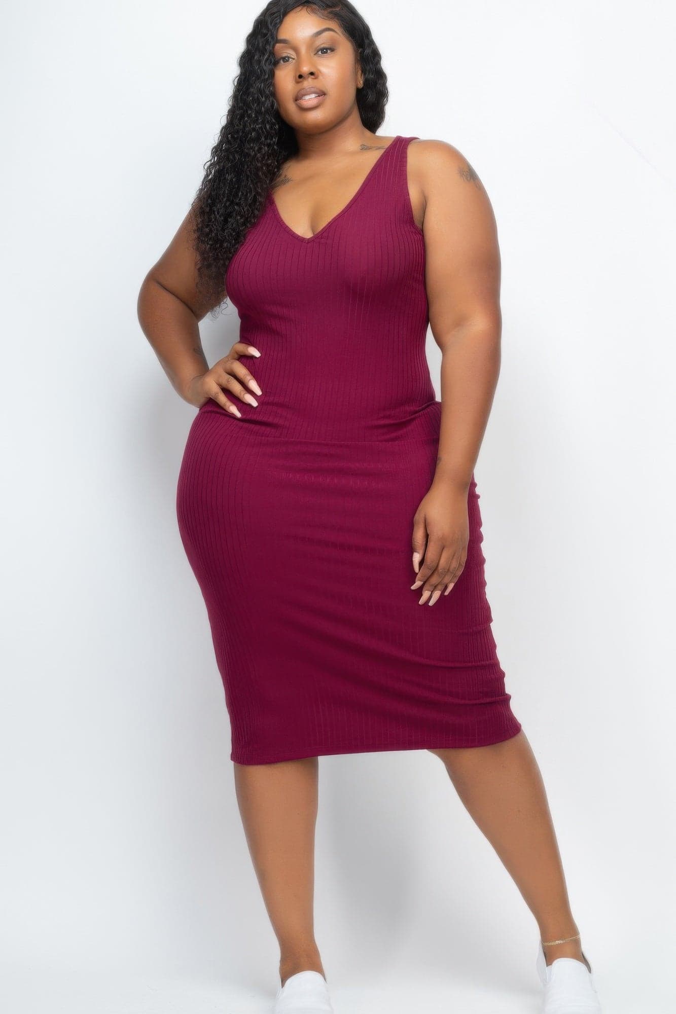 Plus Size Ribbed Sleeveless Bodycon Midi Dress - Chive blossom / 2XL - Thumbnail 9