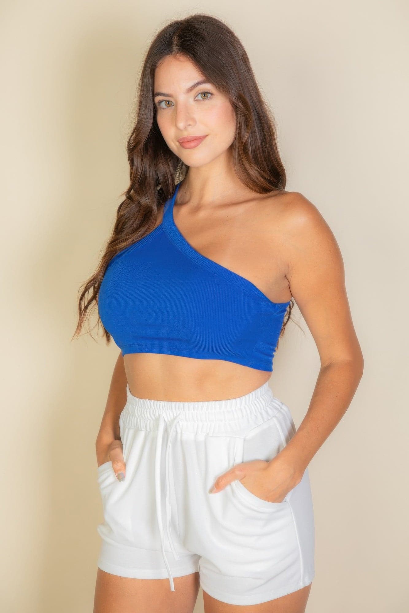 One Shoulder Ribbed Cropped Top - Black / M - Thumbnail 16