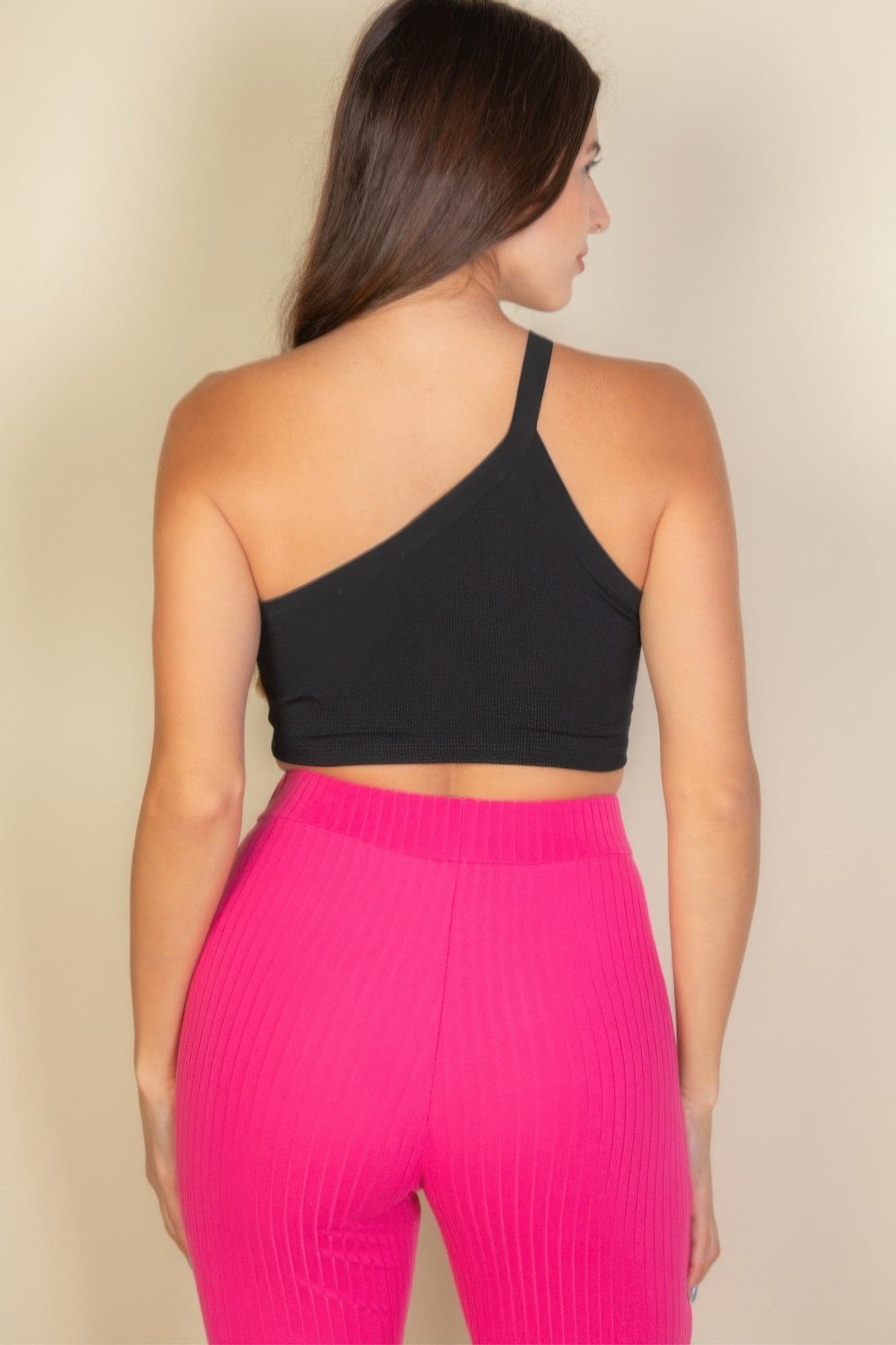 One Shoulder Ribbed Cropped Top - Black / S - Thumbnail 10