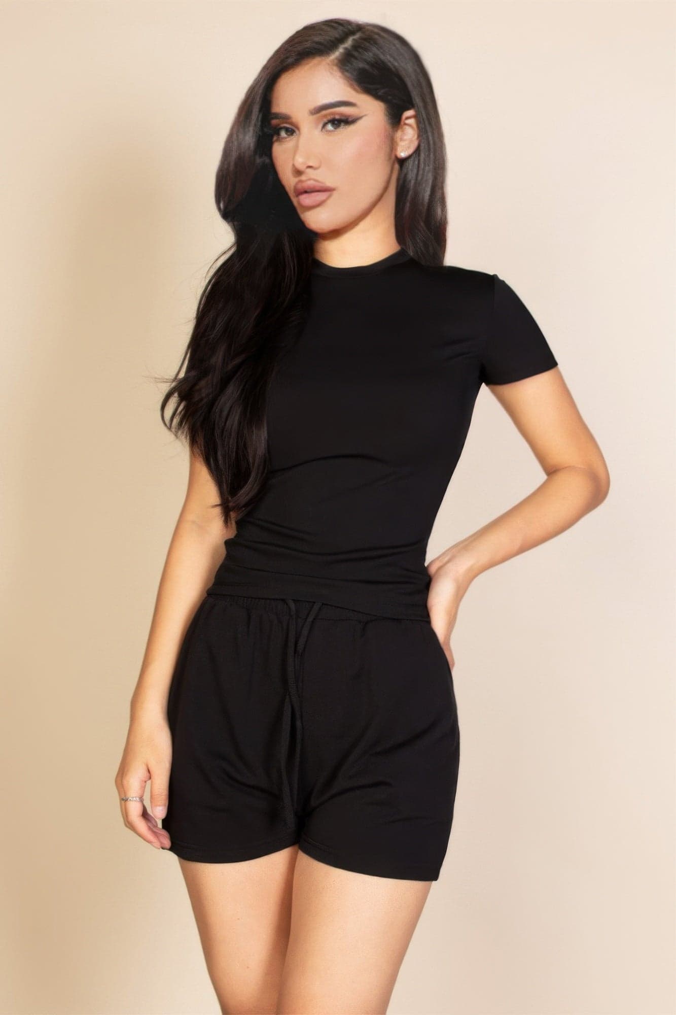 Ribbed Round Neck Short Sleeve Top - Black / M - Thumbnail 5