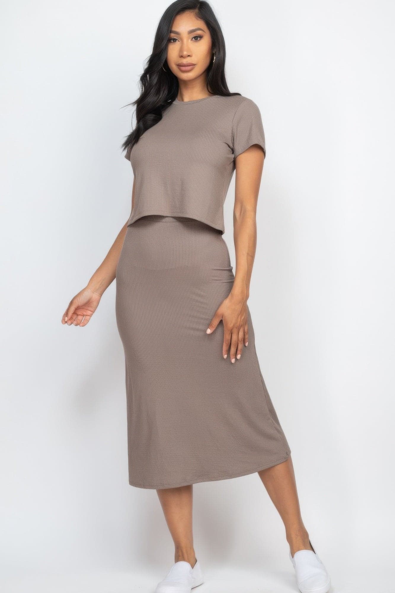 Short Sleeve Ribbed Top & Midi Skirt Se - Taupe / S - Thumbnail 8