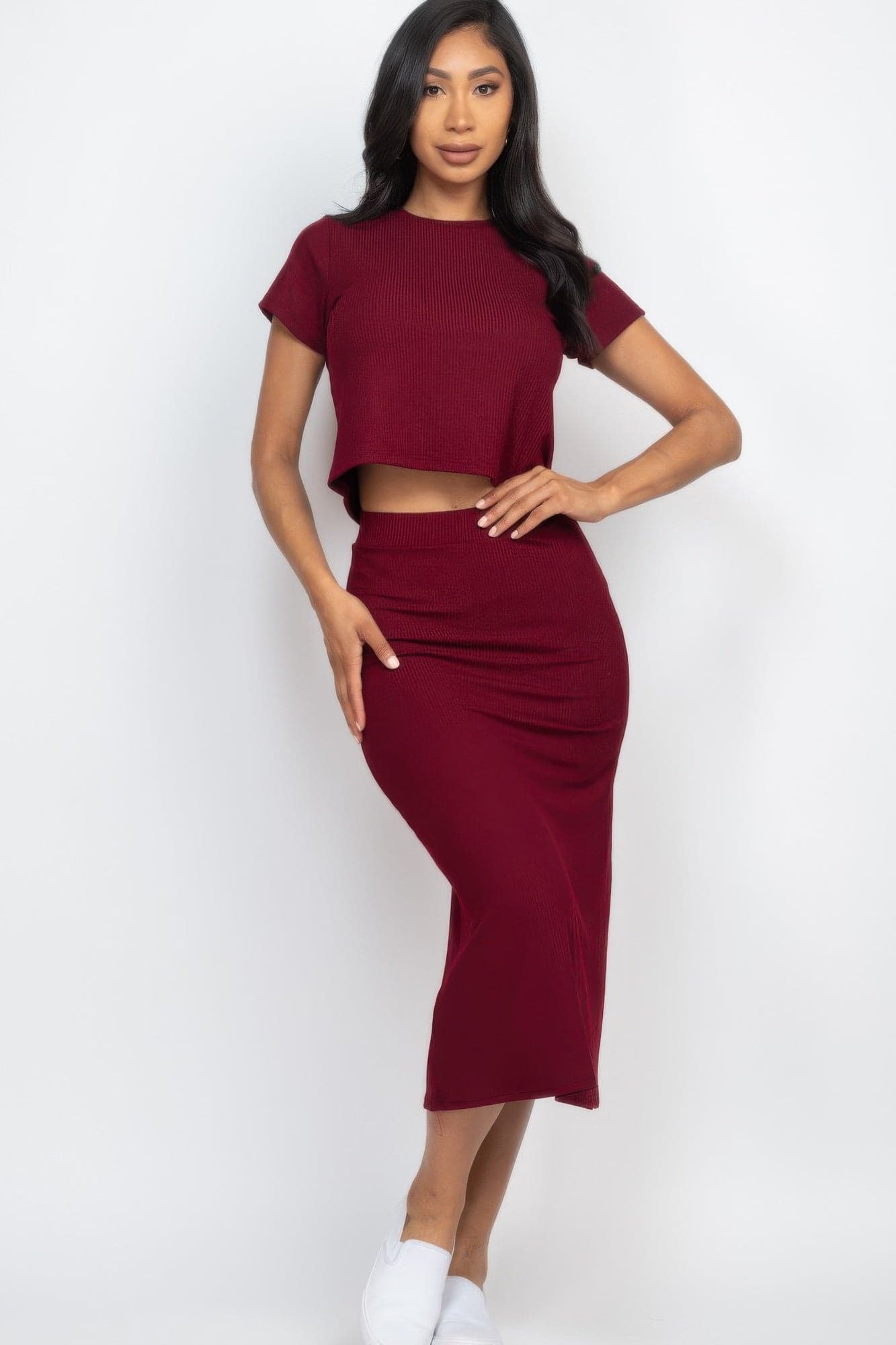 Short Sleeve Ribbed Top & Midi Skirt Se - Taupe / L - Thumbnail 7