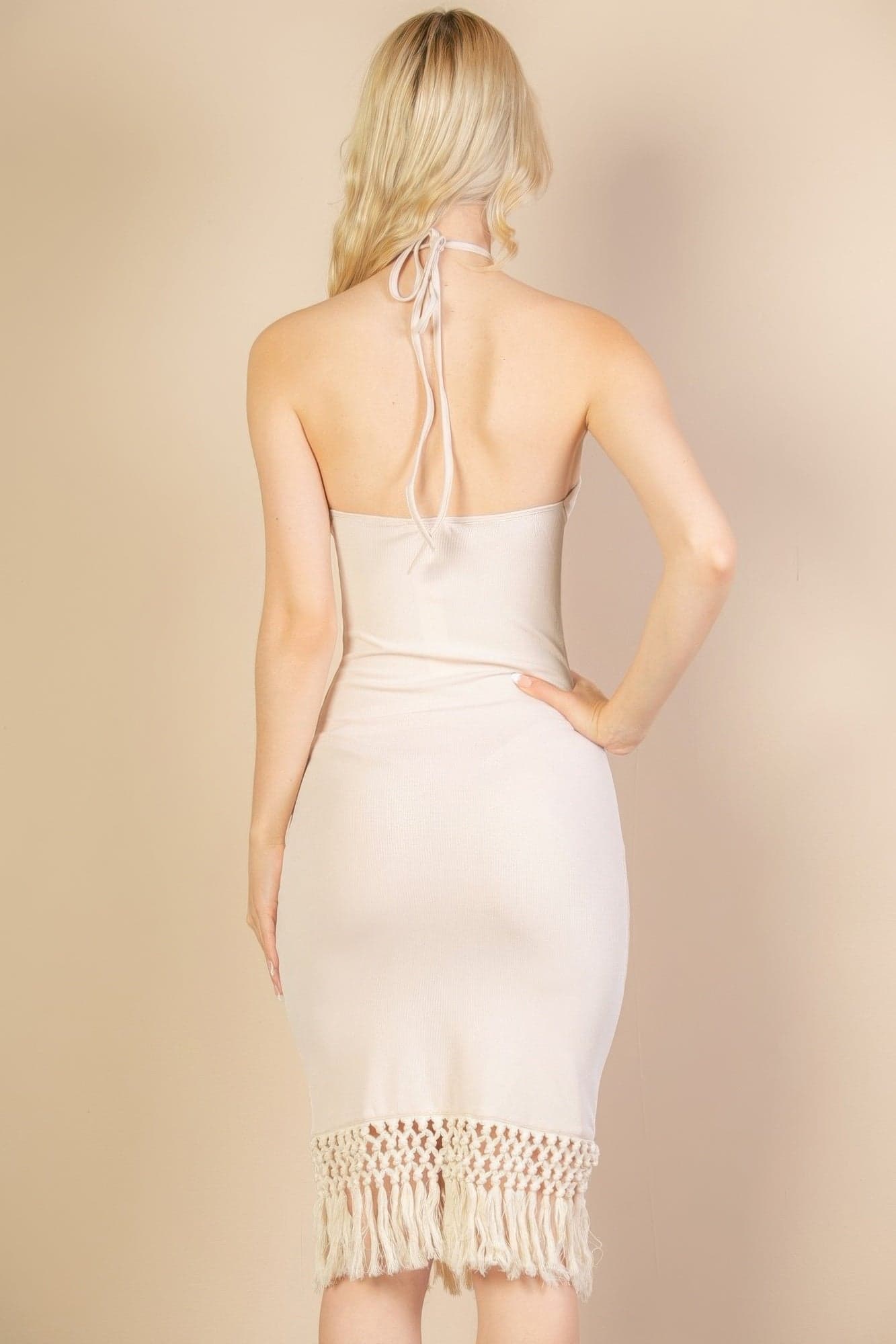 Ribbed Halter Neck Fringe Midi Dress - Flamingo / L - Thumbnail 7