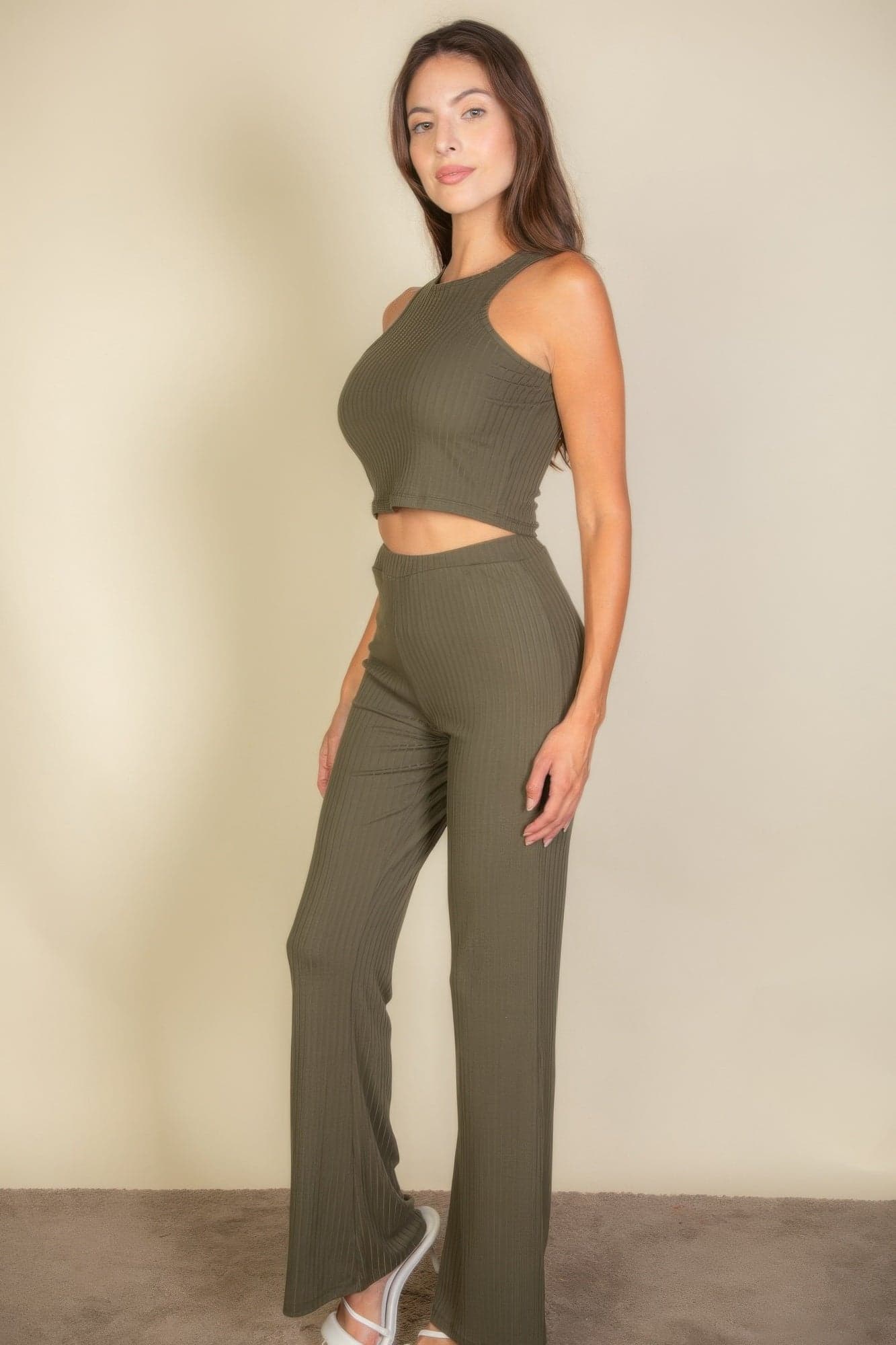 Ribbed Cropped Top And Bootcut Pants Sets - Fuchsia / S - Thumbnail 9