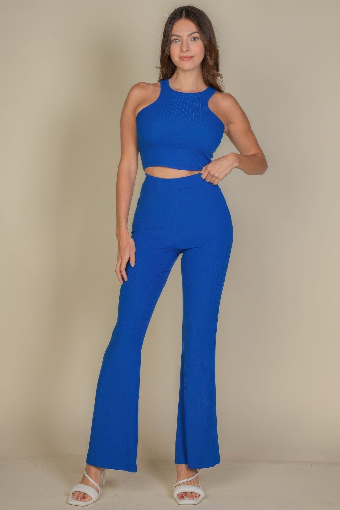 Ribbed Cropped Top And Bootcut Pants Sets - Cloud / M - Thumbnail 18