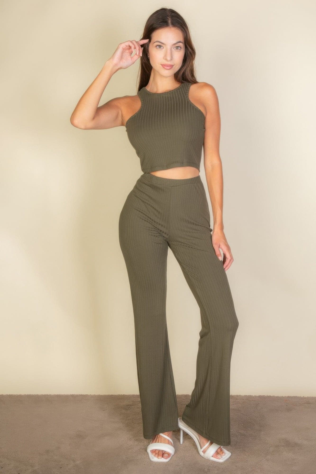 Ribbed Cropped Top And Bootcut Pants Sets - Taupe / L - Thumbnail 8