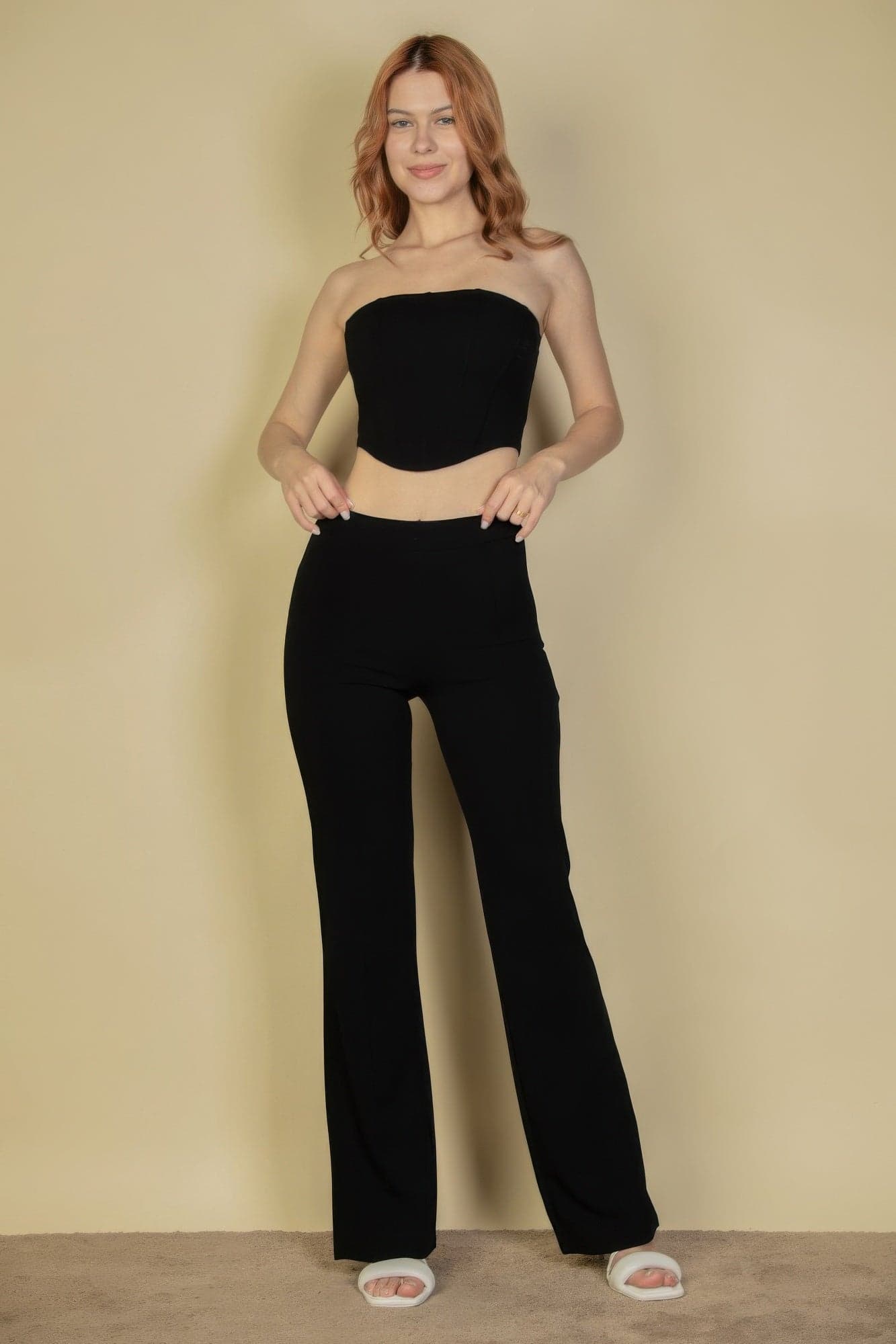 Strapless Corset Top & Flare Pants Set - Khaki / L - Thumbnail 16