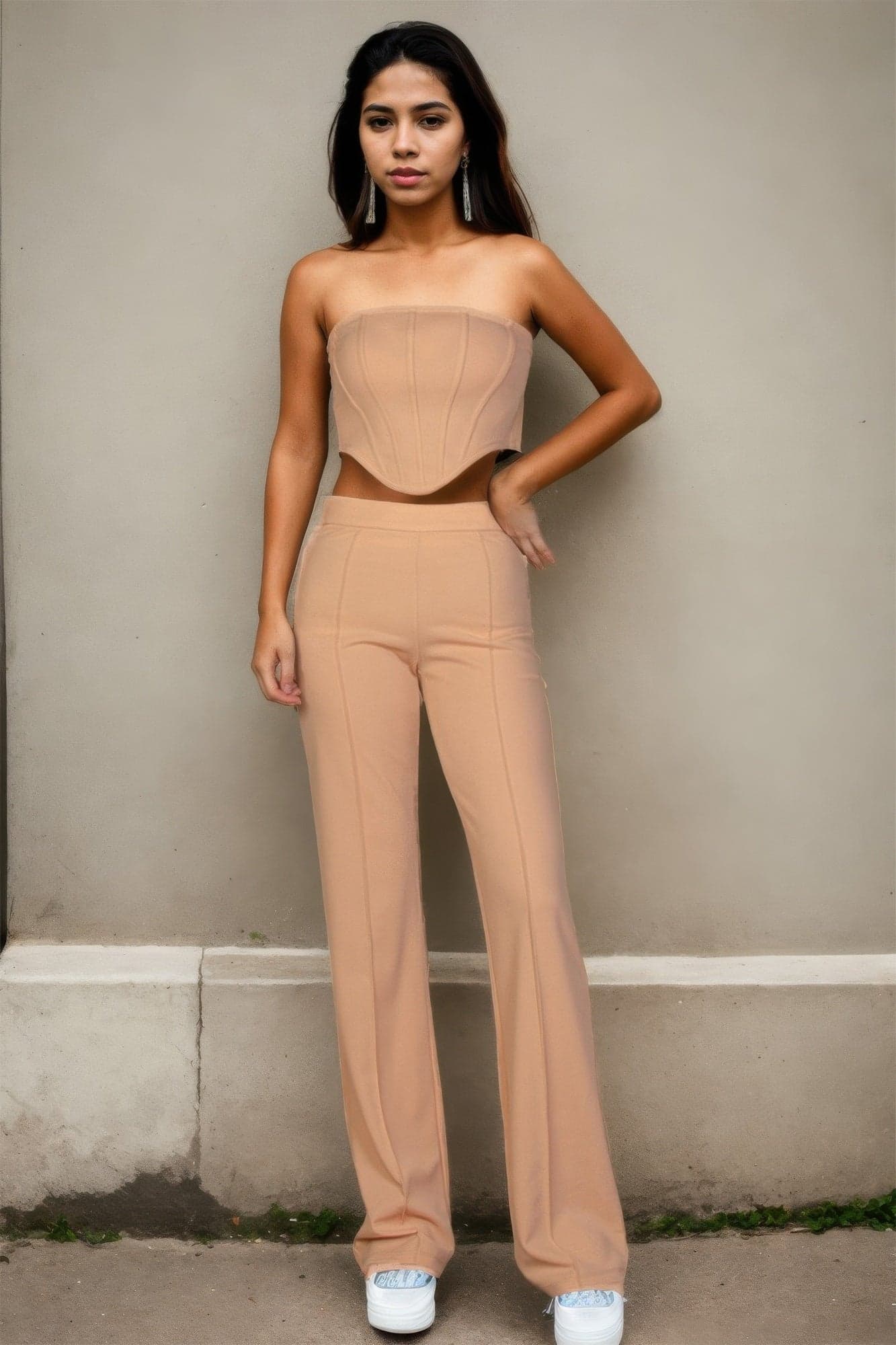Strapless Corset Top & Flare Pants Set - Rust / S - Thumbnail 14
