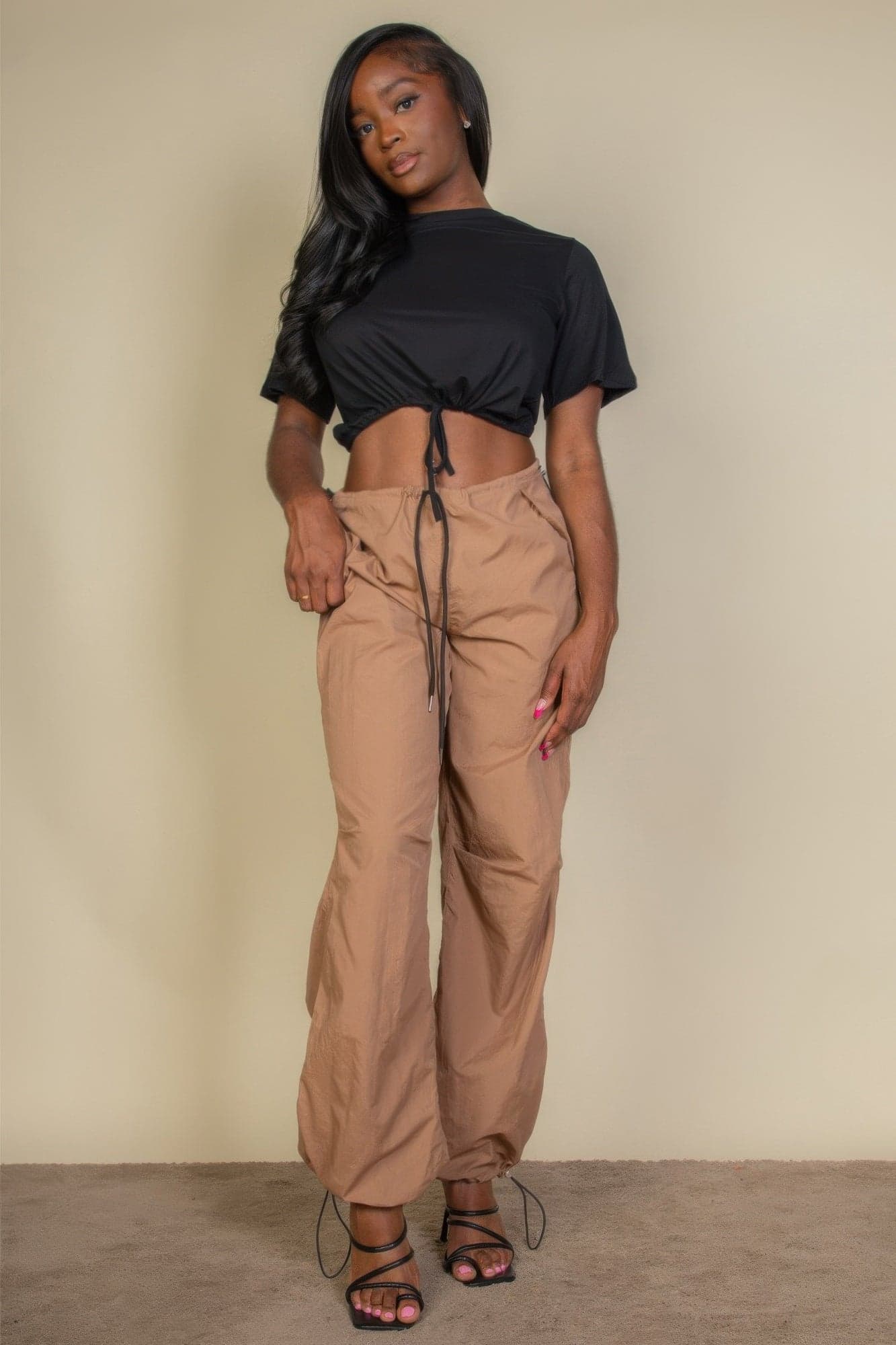 Tie Front Drawstring Short Sleeve Crop Top - Black / S - Thumbnail 7