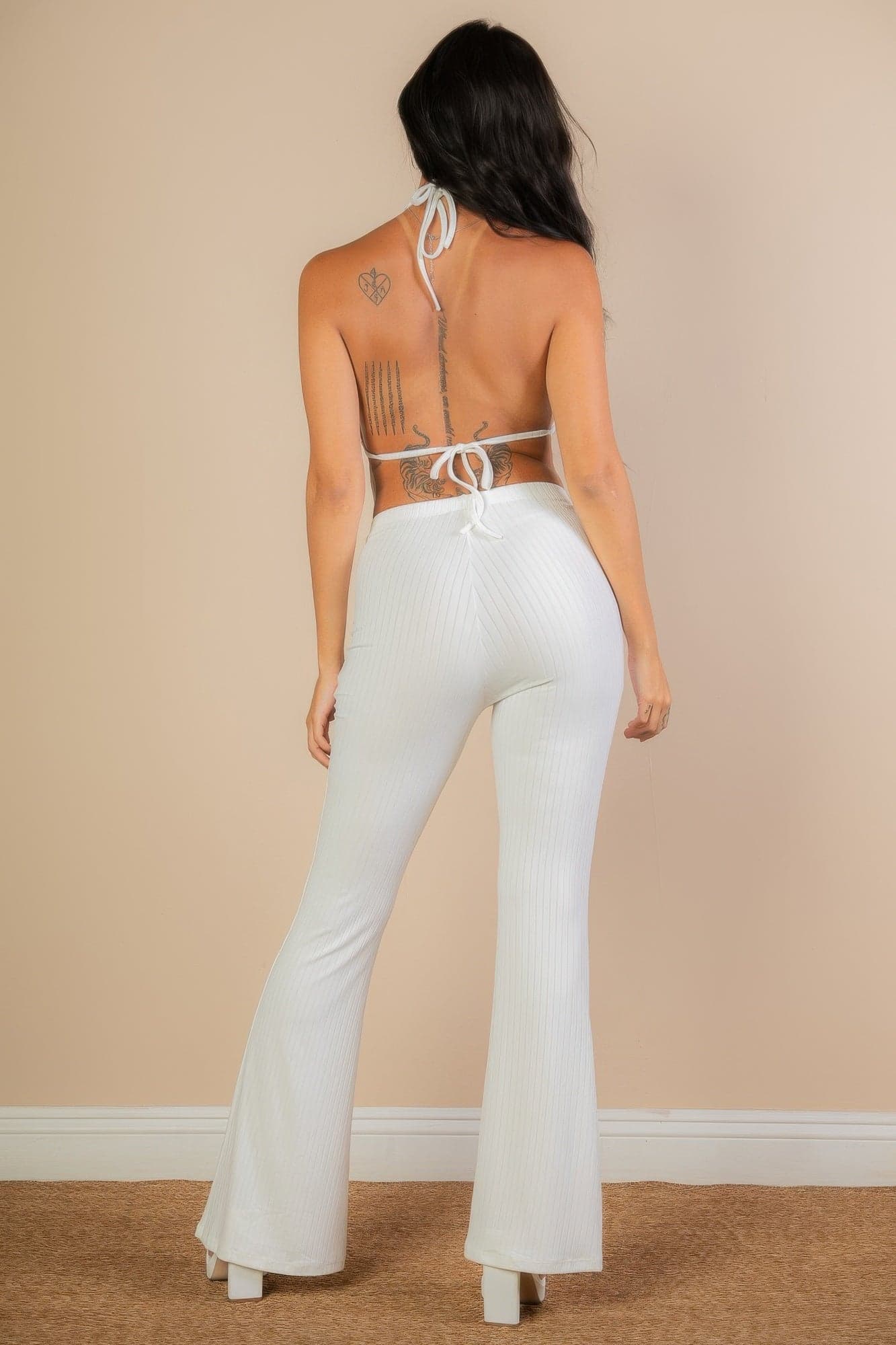 Split Front Backless Halter Top & Flare Pants Set - White / L - Thumbnail 10