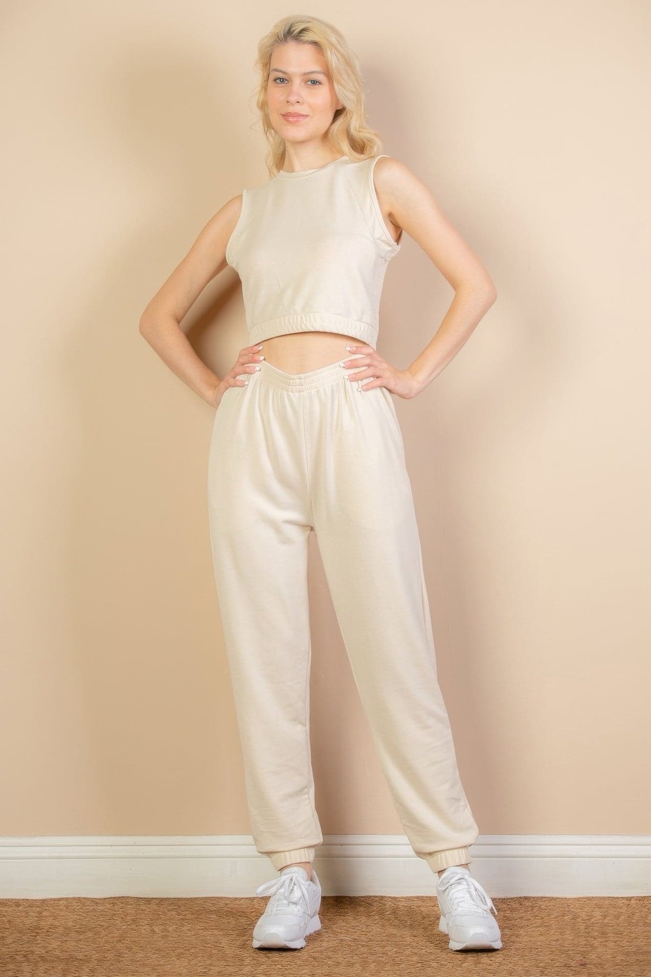 French Terry Elastic Waist Tank Top & Joggers Set - Beige / M - Thumbnail 6