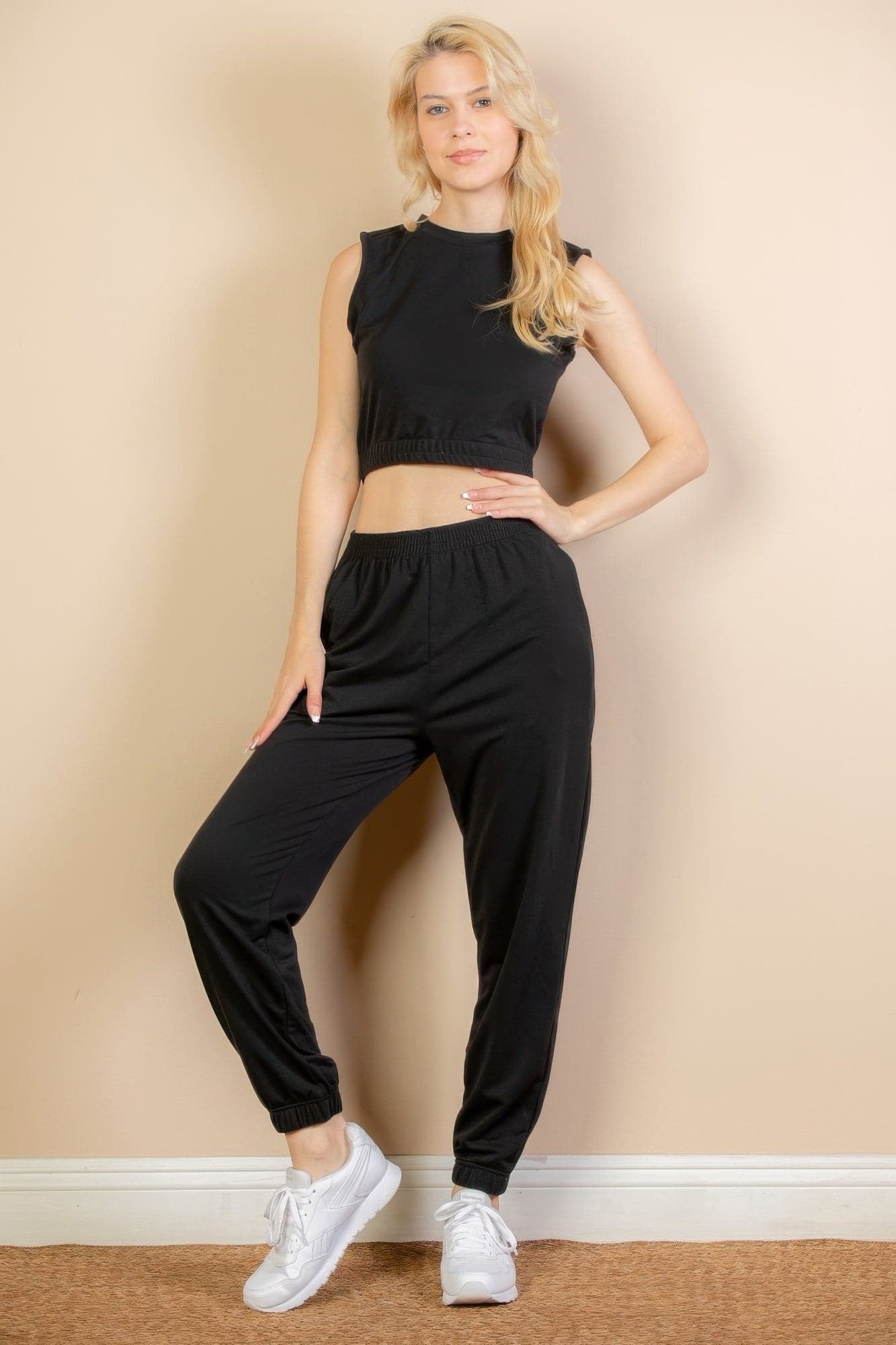 French Terry Elastic Waist Tank Top & Joggers Set - Black / L - Thumbnail 12