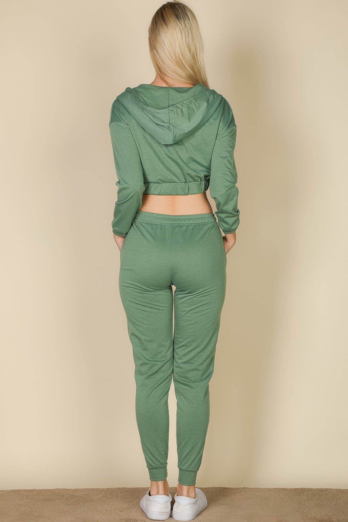 French Terry Cropped Cami With Zip-up Jacket And Joggers Set - Beige / S - Thumbnail 5