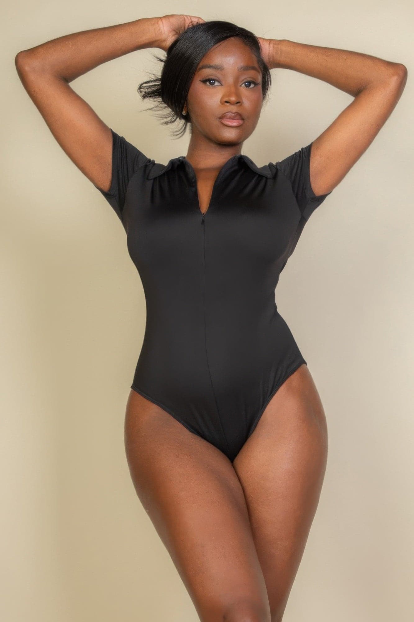 Zip Front Short Sleeve Bodysuit - Black / M - Thumbnail 5