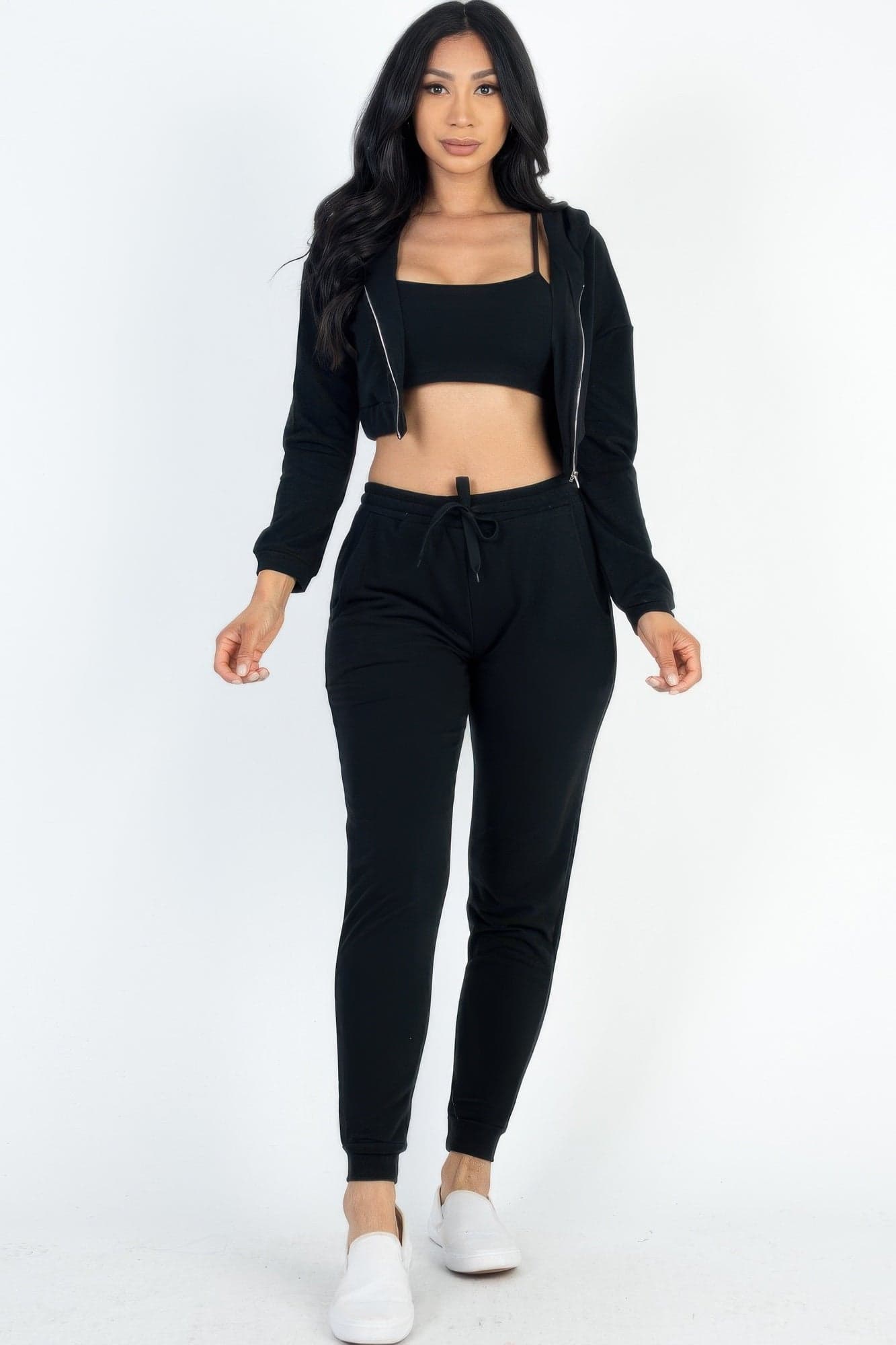 French Terry Cropped Cami With Zip-up Jacket And Joggers Set - Black / M - Thumbnail 12
