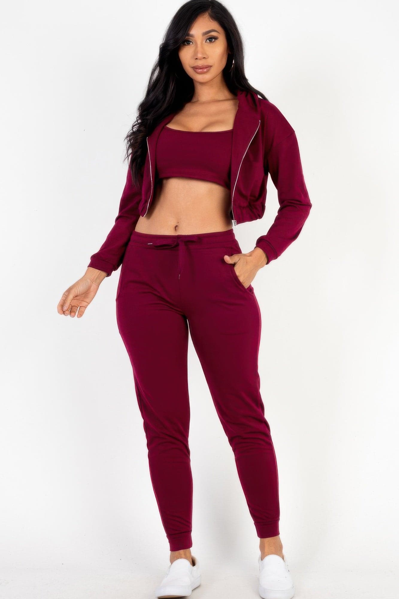 French Terry Cropped Cami With Zip-up Jacket And Joggers Set - Fern / M - Thumbnail 9