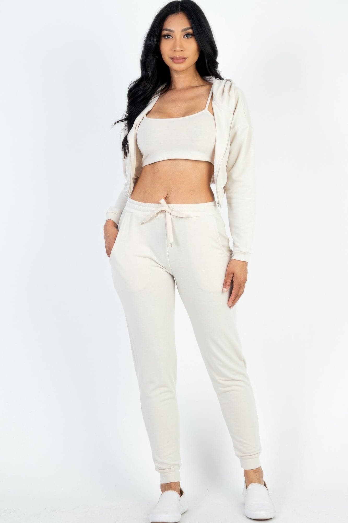 French Terry Cropped Cami With Zip-up Jacket And Joggers Set - Beige / M - Thumbnail 10