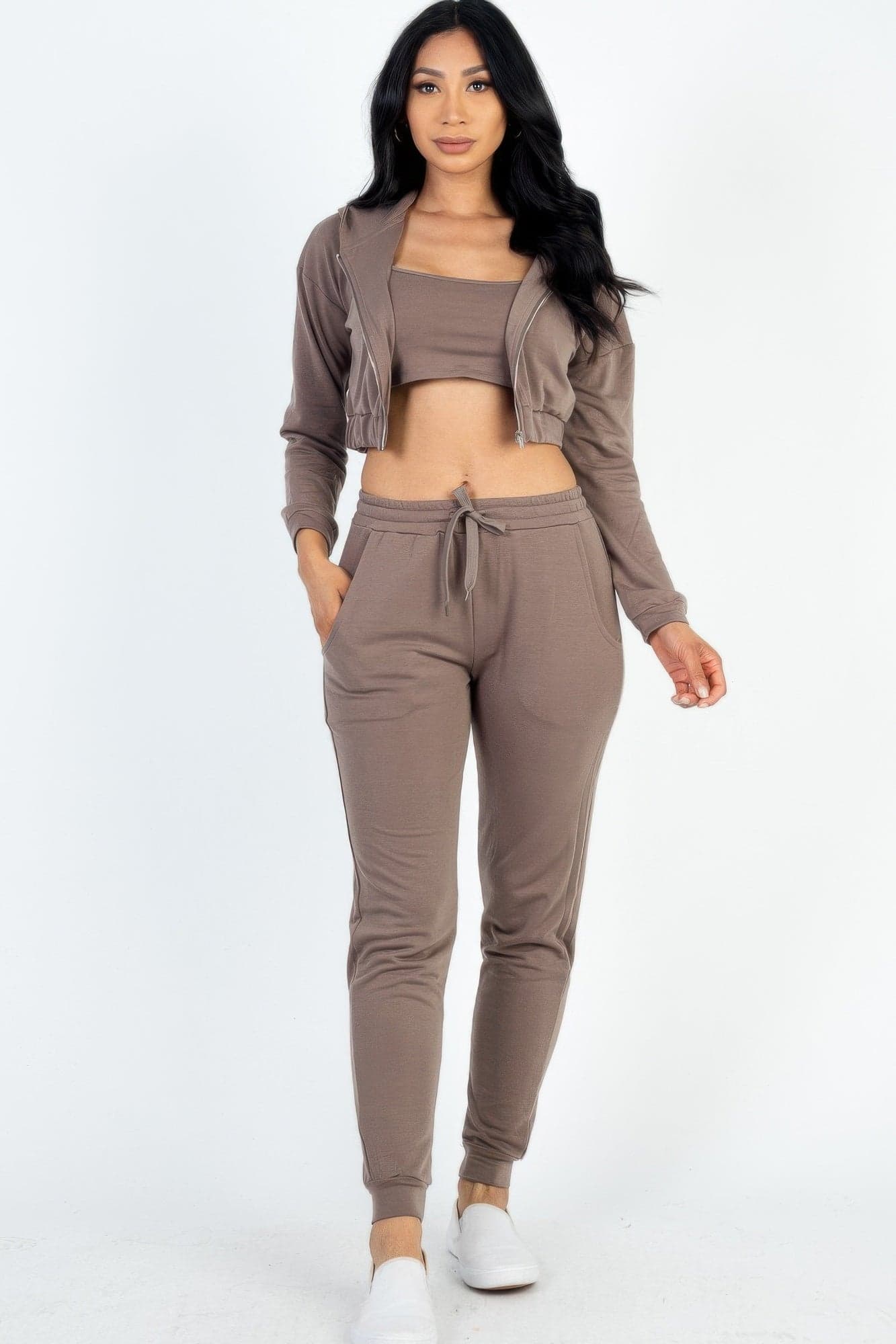 French Terry Cropped Cami With Zip-up Jacket And Joggers Set - Burgundy / M - Thumbnail 7
