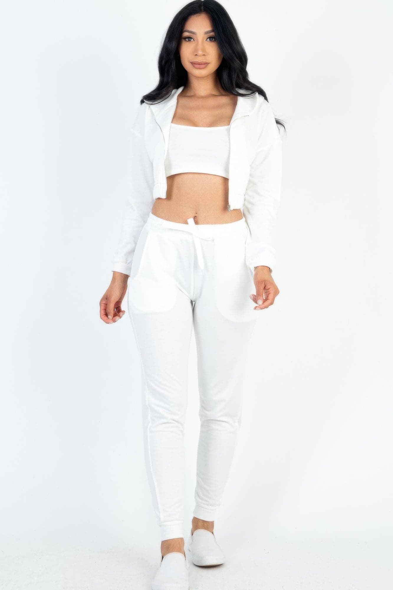 French Terry Cropped Cami With Zip-up Jacket And Joggers Set - Taupe / S - Thumbnail 8