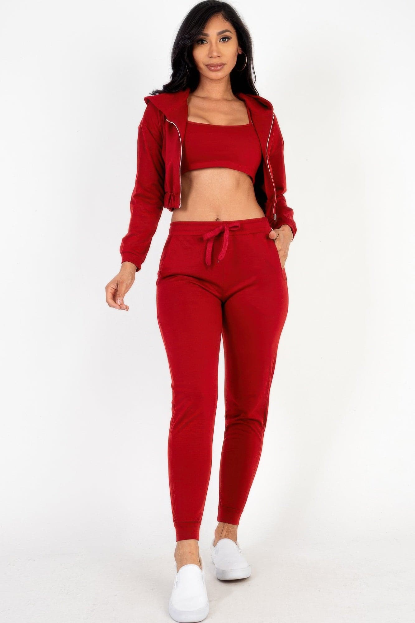 French Terry Cropped Cami With Zip-up Jacket And Joggers Set - Taupe / S - Thumbnail 13