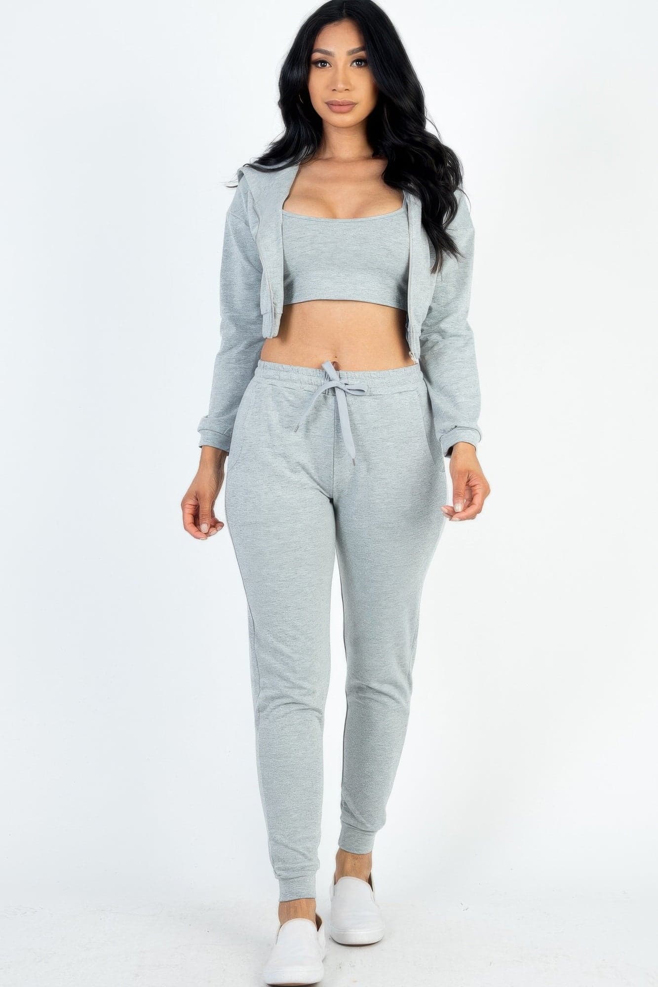French Terry Cropped Cami With Zip-up Jacket And Joggers Set - Taupe / S - Thumbnail 11