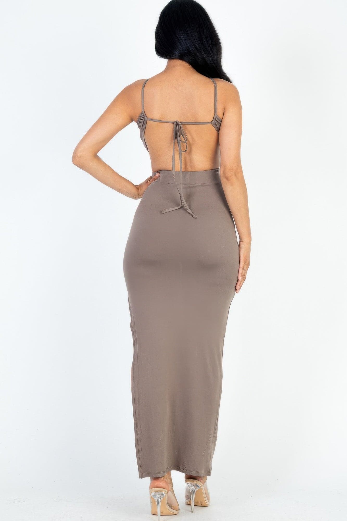 Tie Backless Split Thigh Maxi Dress - Fuchsia / M - Thumbnail 5