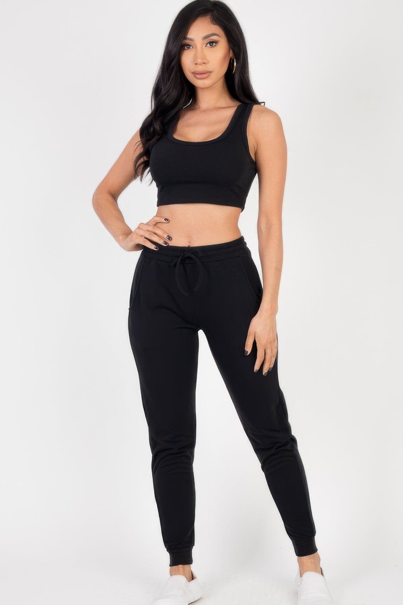French Terry Cropped Tank Top & Joggers Set - Black / S - Thumbnail 2
