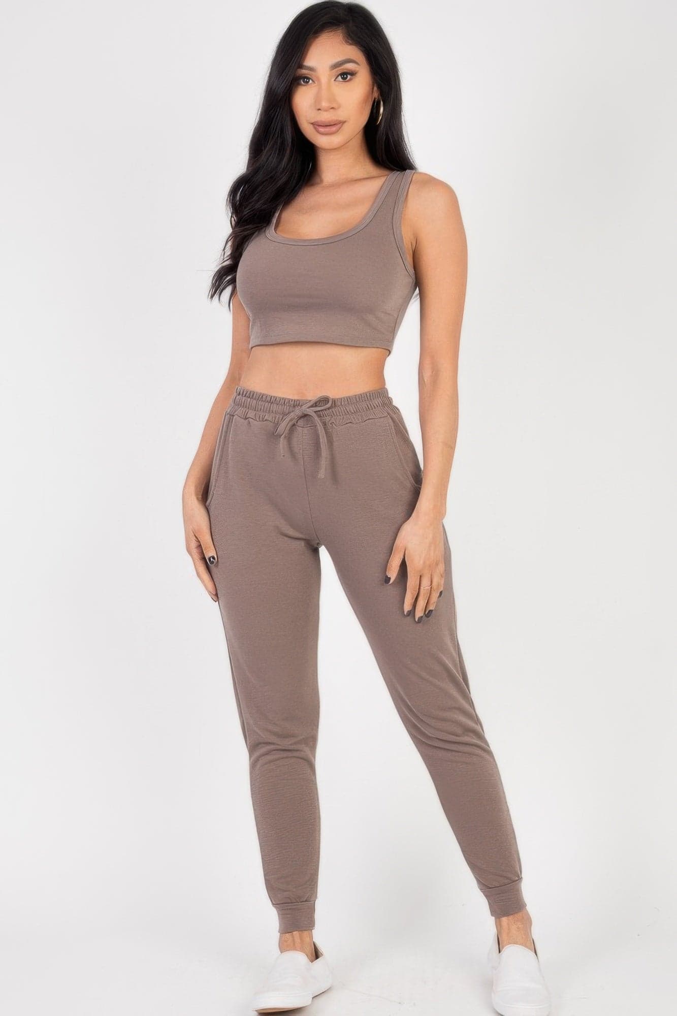 French Terry Cropped Tank Top & Joggers Set - Cloud / S - Thumbnail 5