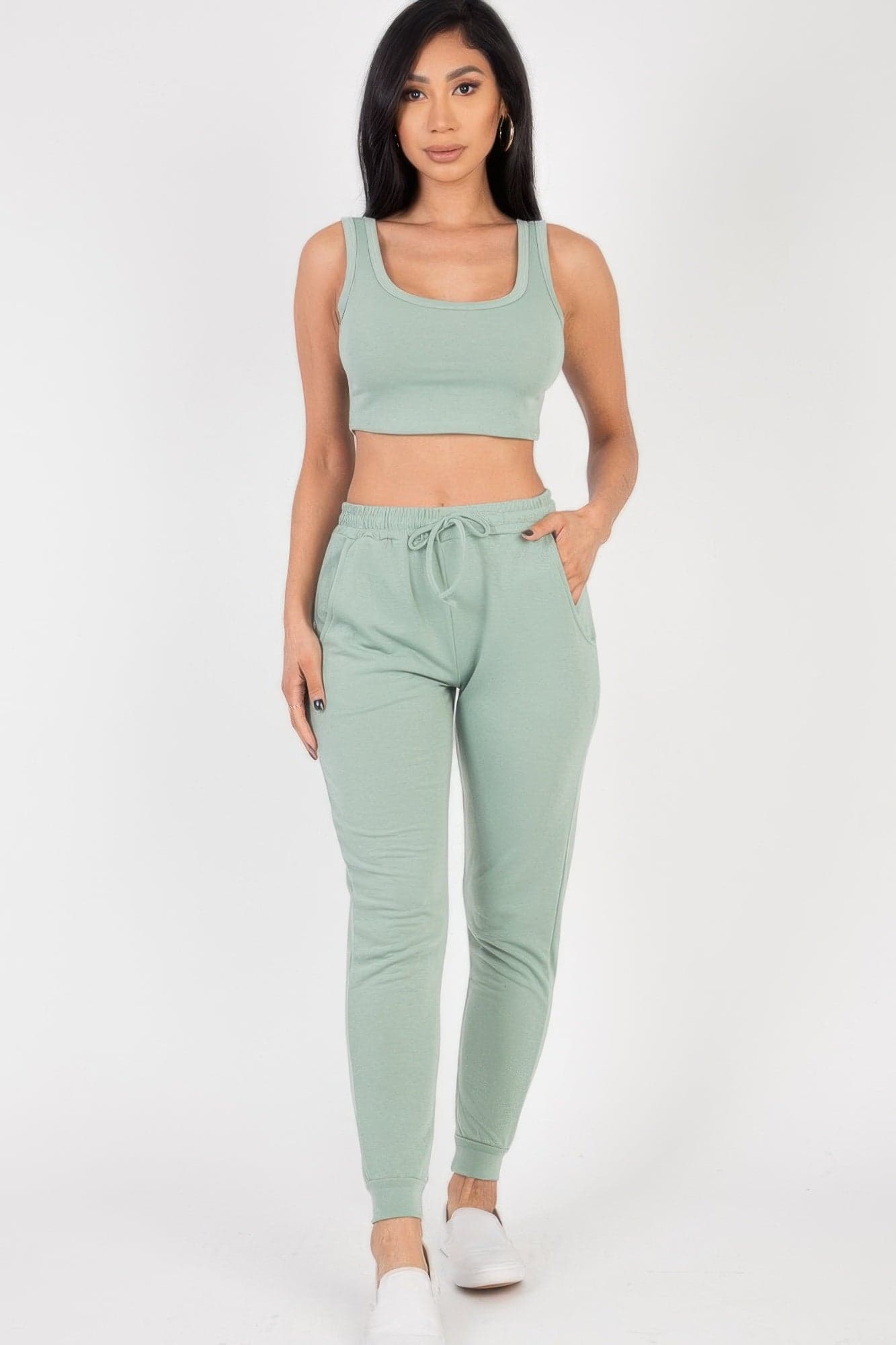 French Terry Cropped Tank Top & Joggers Set - Green Bay / S - Thumbnail 7