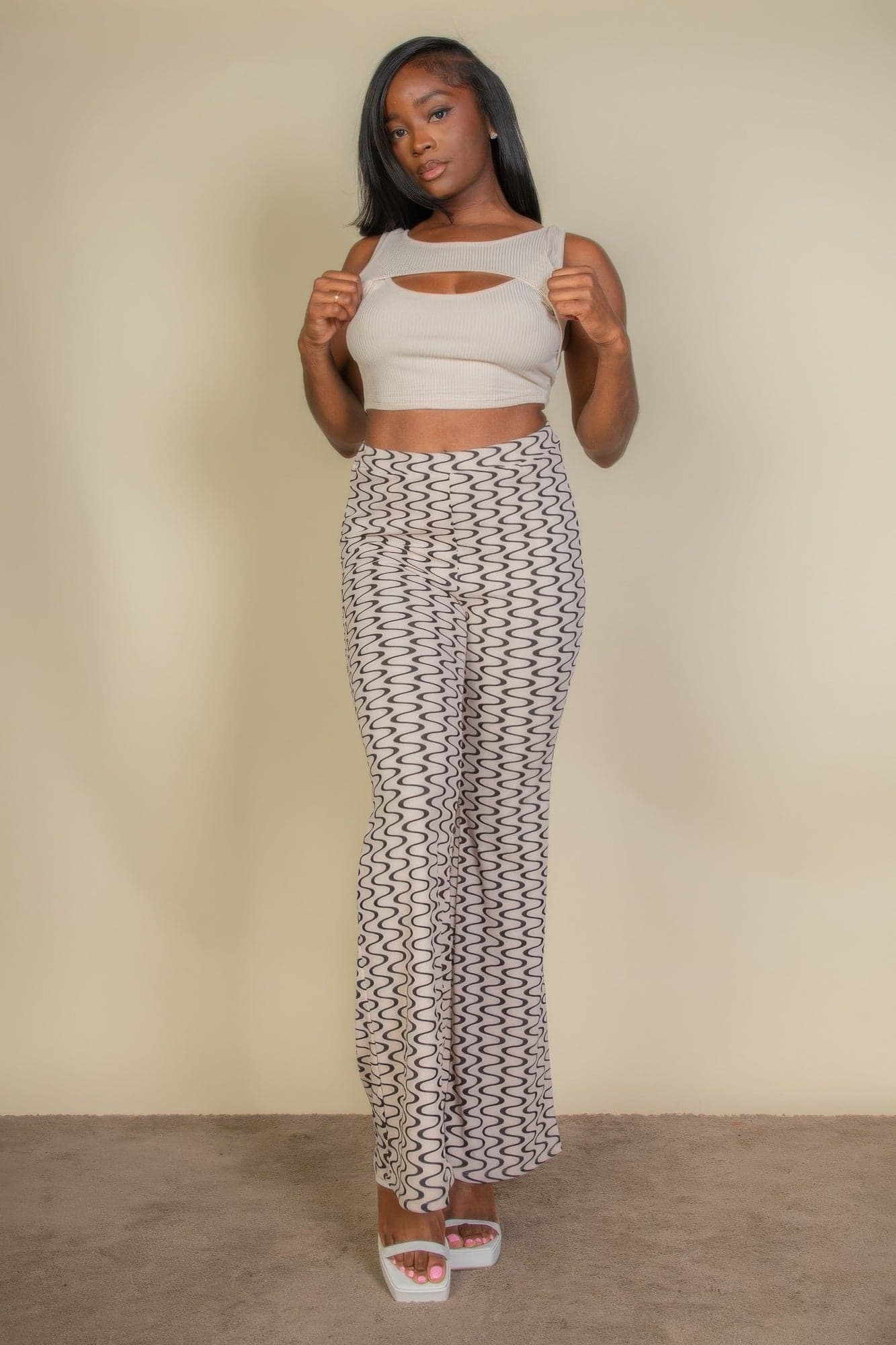 Wavy Print High Waist Flare Pants - Print 313 stone / L - Thumbnail 9