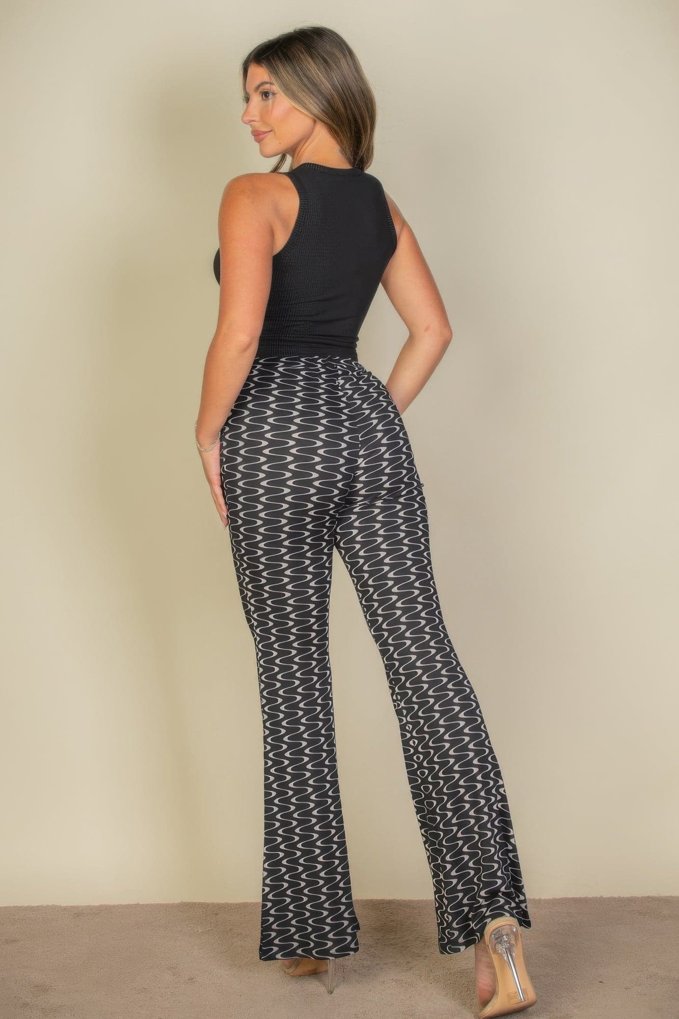 Wavy Print High Waist Flare Pants - Print 313 black / S - Thumbnail 6