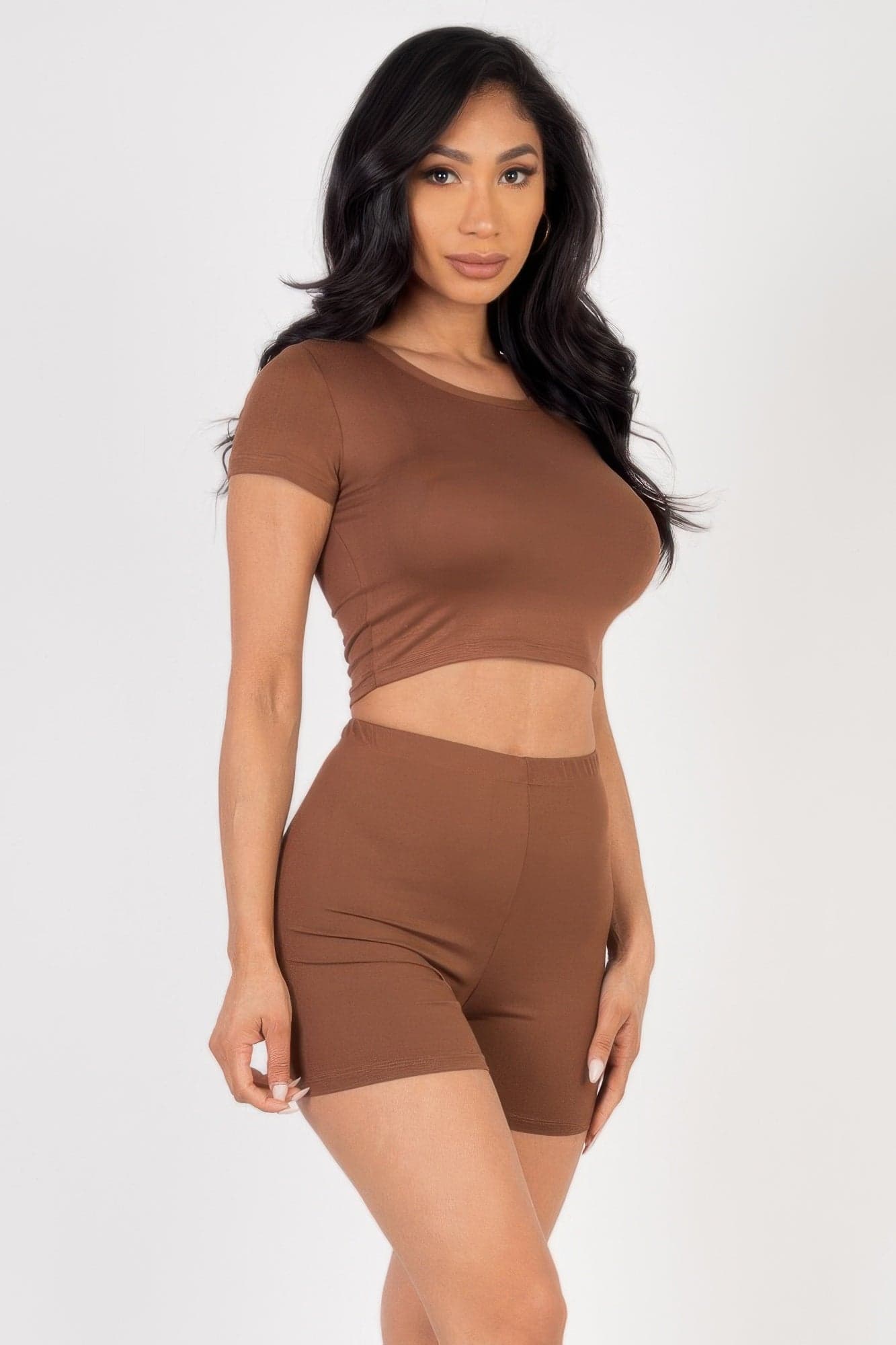 Short Sleeve Crop Top & Shorts Set - Fuchsia / L - Thumbnail 3