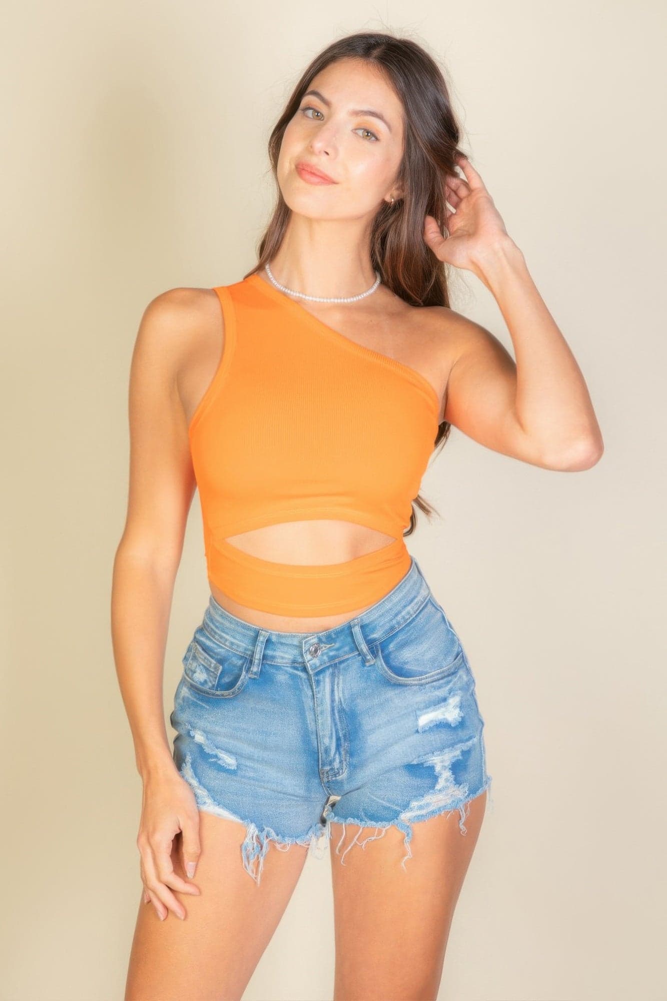 Ribbed Knit Cut Out One Shoulder Crop Top - Orange / L - Thumbnail 13