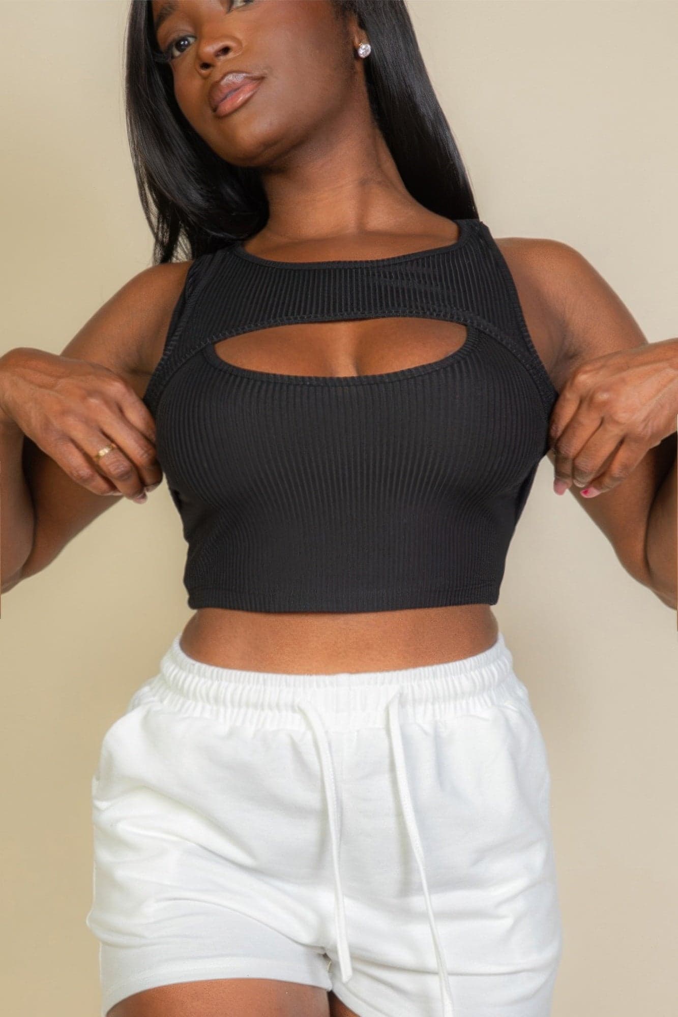 Ribbed Cut Out Front Crop Top - Black / S - Thumbnail 7