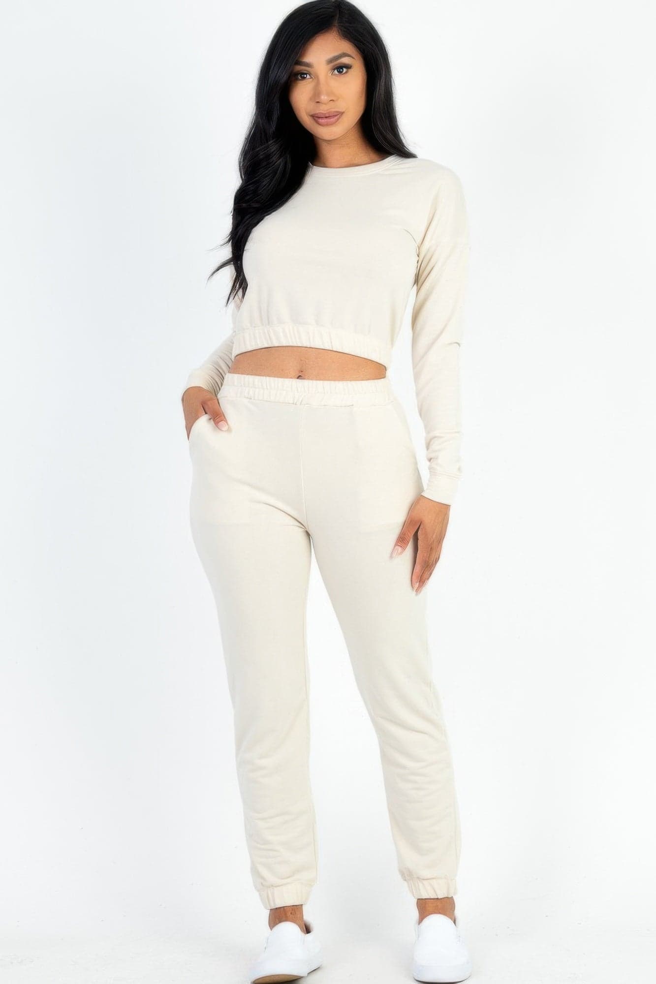 French Terry Elastic Waist Pullover & Joggers Set - Beige / S - Thumbnail 2