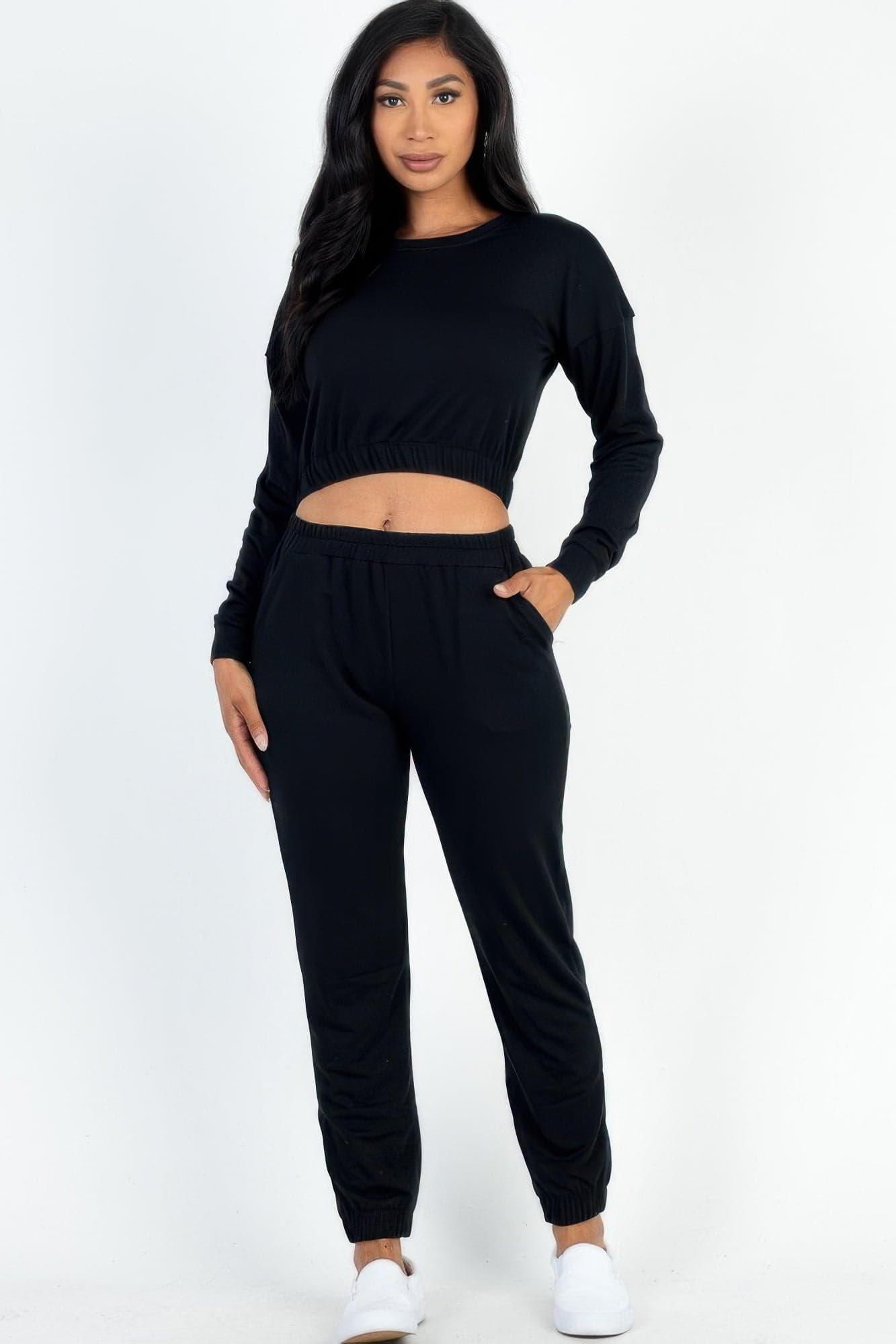 French Terry Elastic Waist Pullover & Joggers Set - Black / M