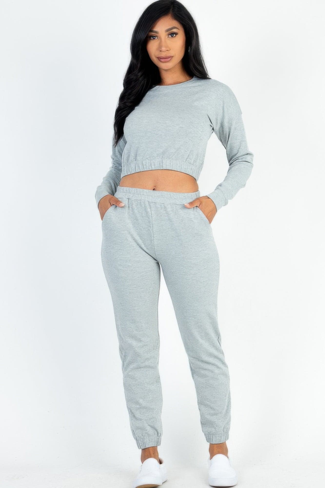 French Terry Elastic Waist Pullover & Joggers Set - Black / L - Thumbnail 3